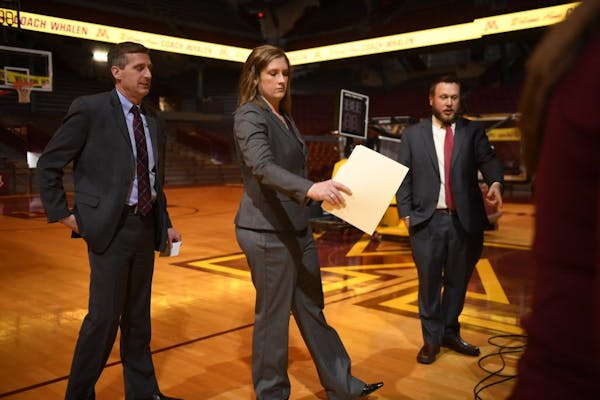 Athletics Director Mark Coyle, left, and new Head Coach Lindsay Whalen met with the media Friday, April 13, at 3 p.m. inside Williams Arena