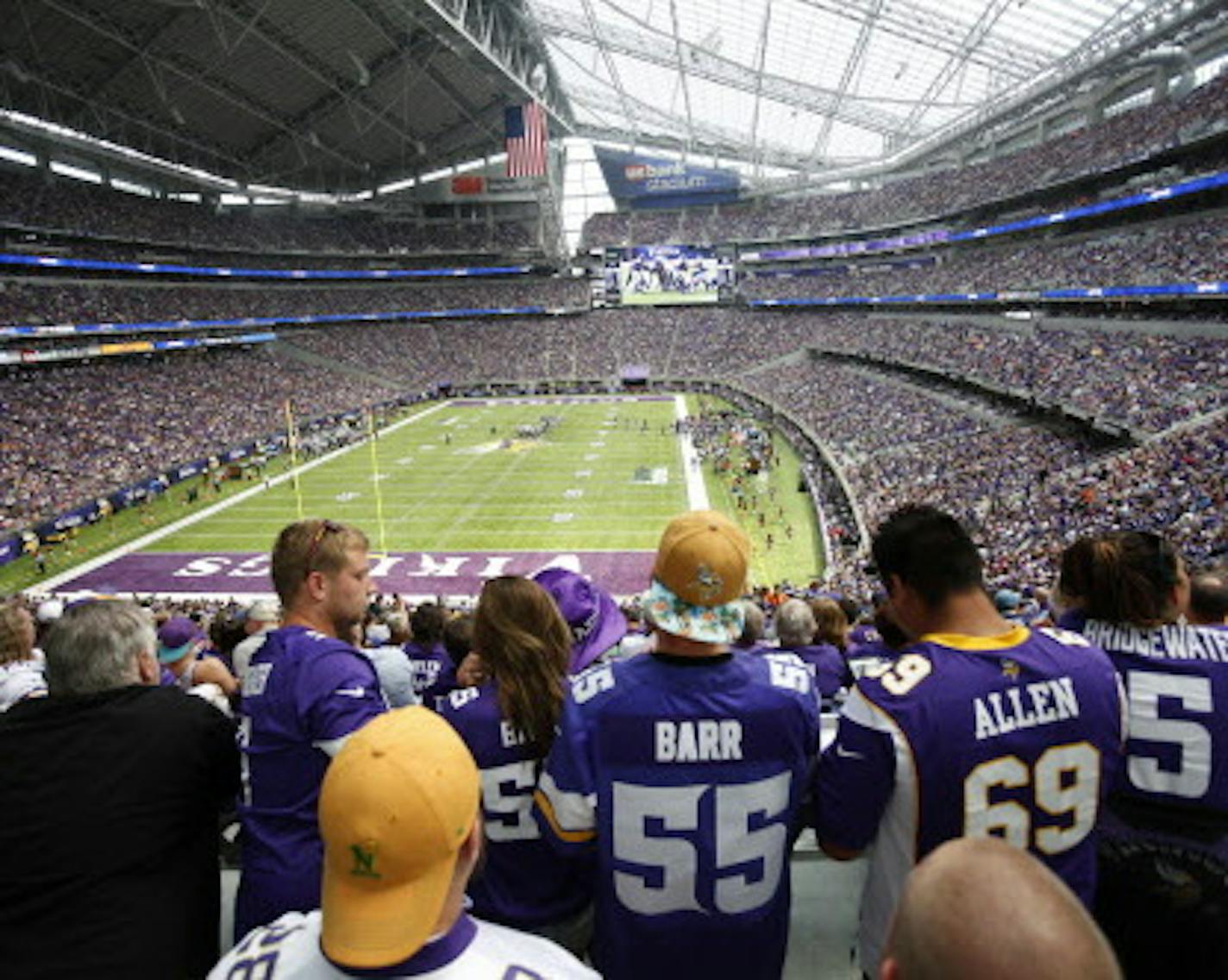 Fans watch in U.S. Bank Stadium during the second half of an NFL preseason football game between the Minnesota Vikings and the San Diego Chargers Sunday, Aug. 28, 2016, in Minneapolis. (AP Photo/Andy Clayton-King) ORG XMIT: MNCN1