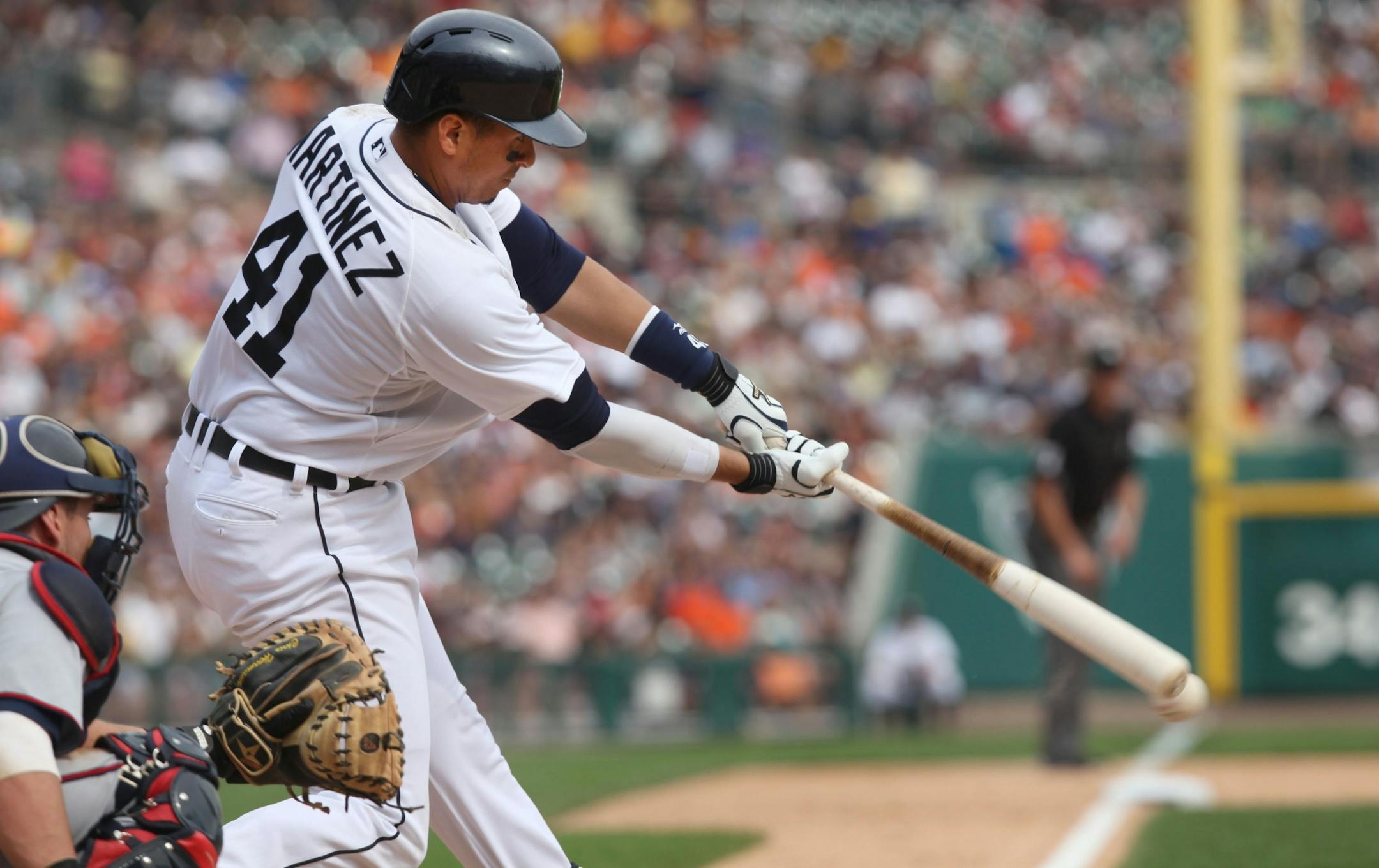 Detroit Tigers Victor Martinez hits into a double play to end the game against the Minnesota Twins at Comerica Park in Detroit, Michigan, Thursday, August 22, 2013. The Twins defeated the Tigers, 7-6.