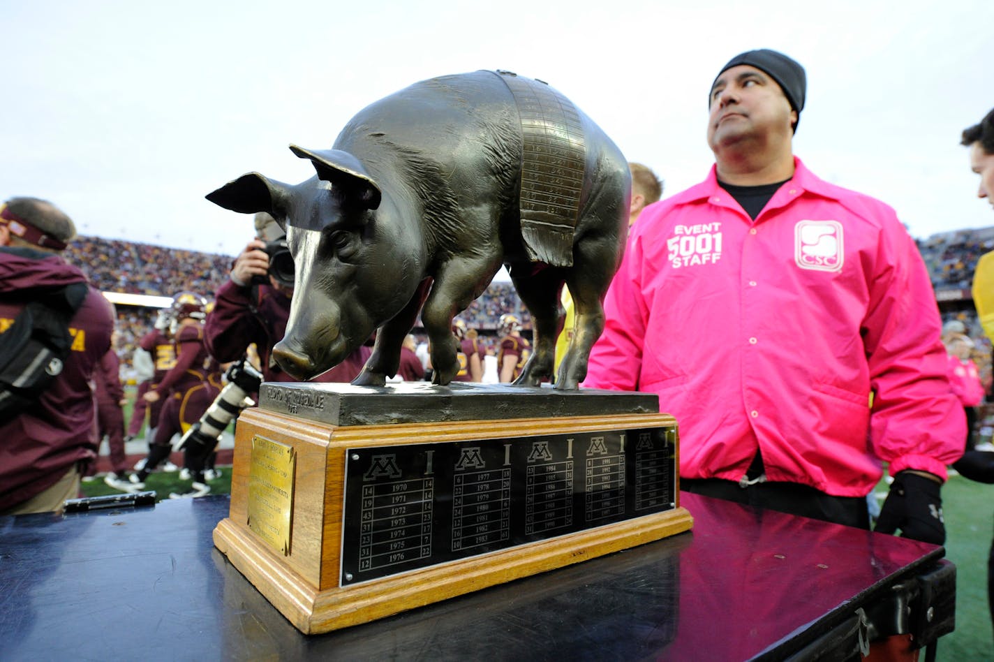 Floyd of Rosedale is a traveling trophy between Iowa and Minnesota, a tradition that dates back to 1936.