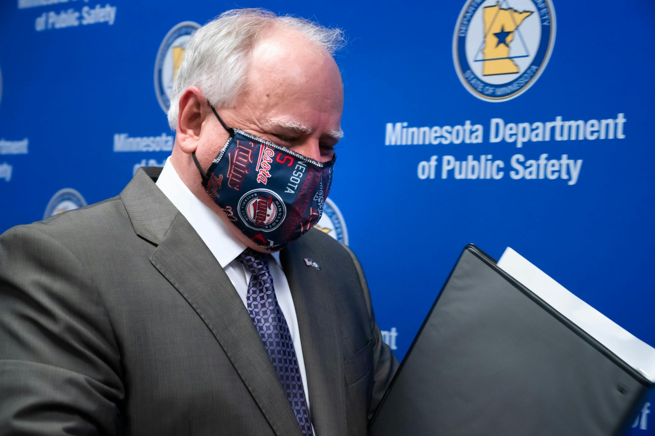 Minnesota Gov. Tim Walz wore a Twins-themed face mask in and out of the press conference to announce the state's new testing strategy in late April 2020.