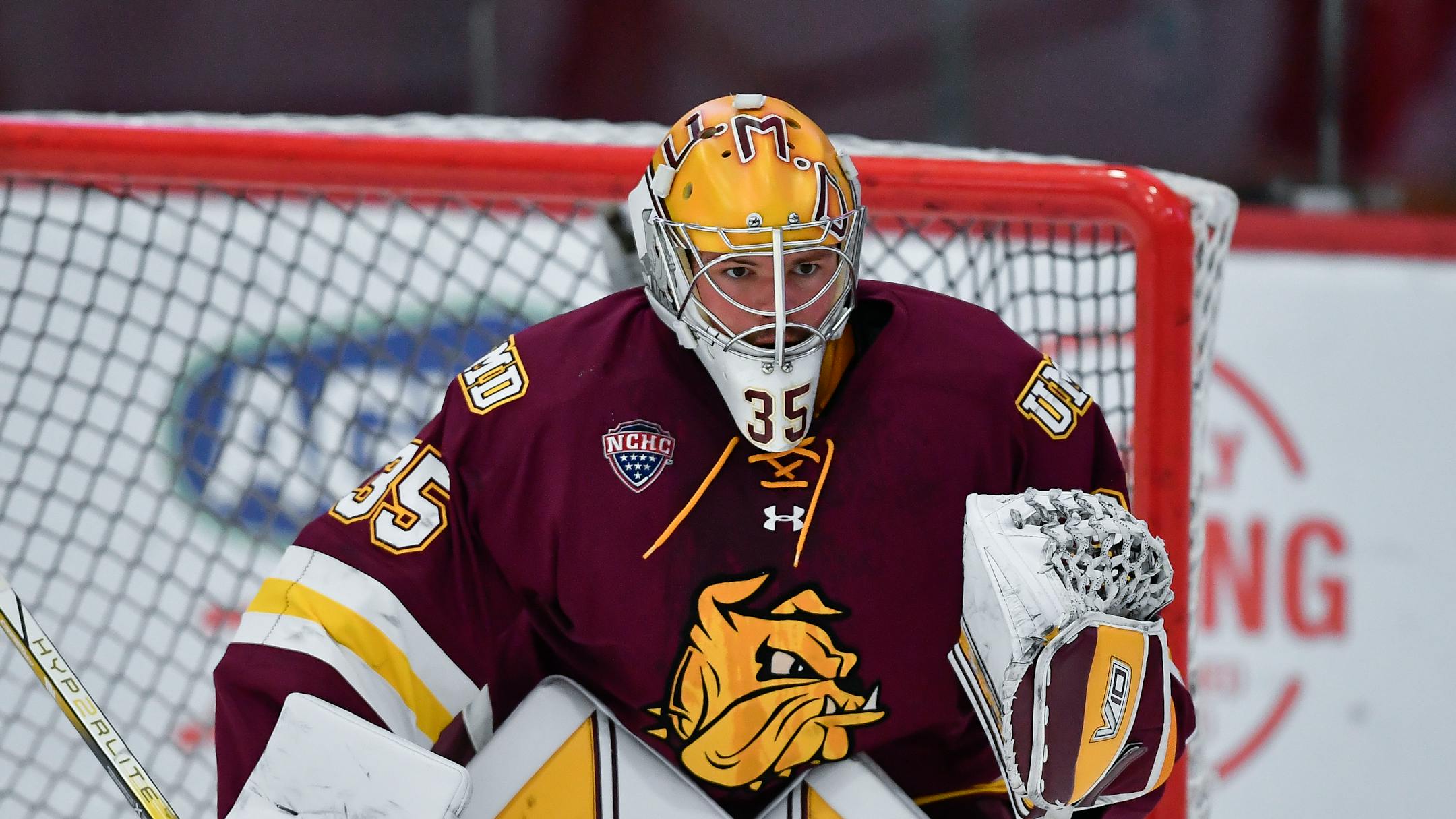 Minnesota Duluth goalie Zach Stejskal (35) warms up before an NCAA hockey game against Cornell on Friday, Oct. 27, 2023 in Ithaca, N.Y. (AP Photo/Adrian Kraus)