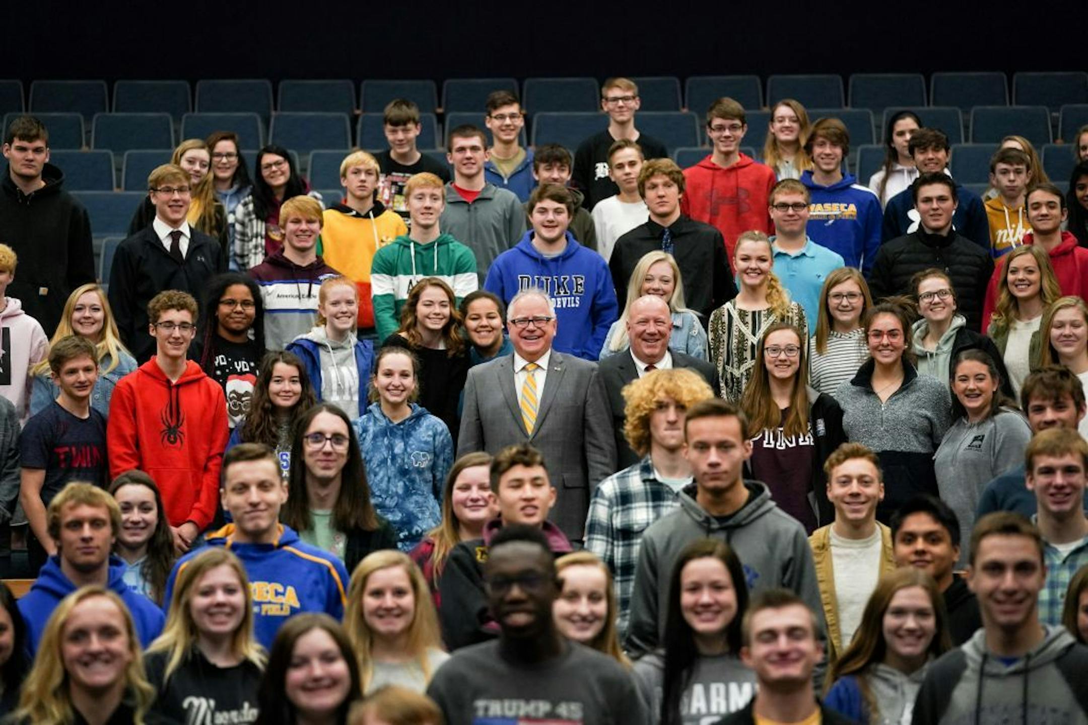 Minnesota Governor Minnesota Governor Tim Walz and Department of Veterans Affairs Commissioner Larry Herke posed for a photo after speaking to juniors and seniors at Waseca Junior/Senior High School.
