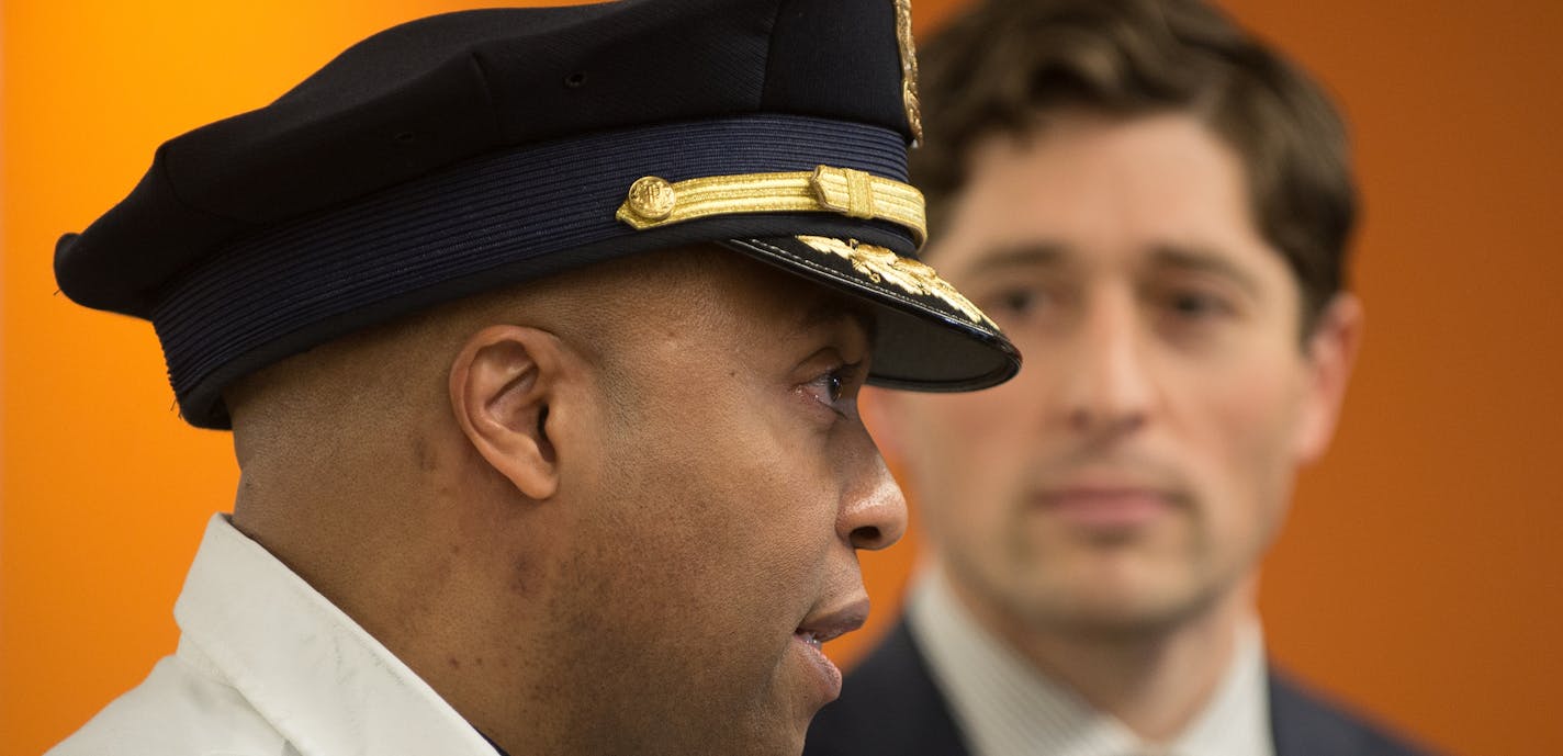 Minneapolis Mayor Jacob Frey listened as Minneapolis Police Chief Medaria Arradondo spoke to the media Thursday at North Market. ] AARON LAVINSKY &#xef; aaron.lavinsky@startribune.com Minneapolis Police Department Chief Medaria Arradondo and Minneapolis Mayor Jacob Frey put forth their vision for mending police-community relations before holding a small community forum Thursday, Jan. 4, 2017 at North Market in Minneapolis, Minn.