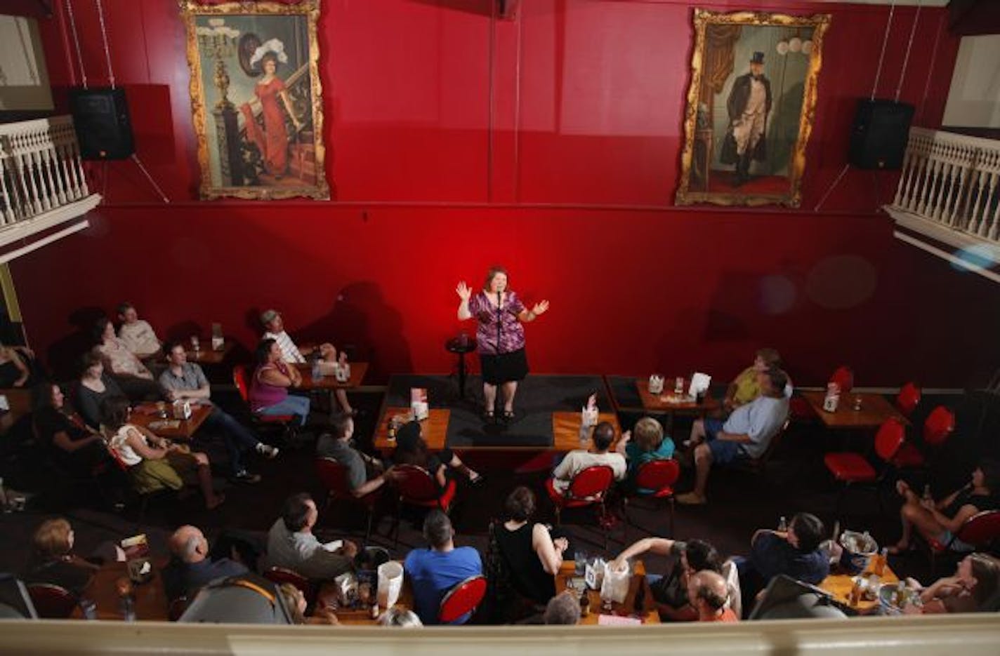 Local comic Wendy Maybury warms up the crowd on stage at the Lilydale Joke Joint show.