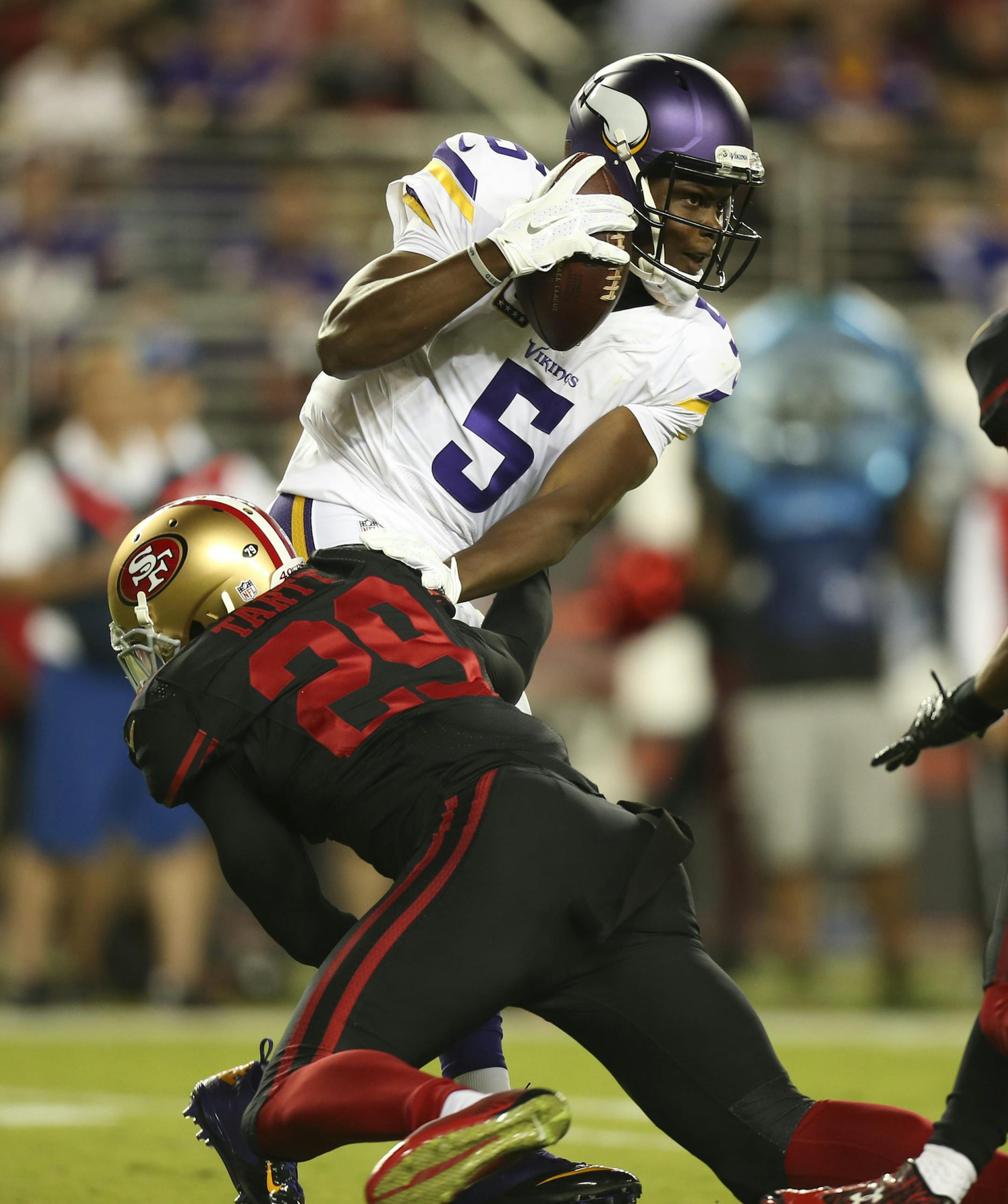 Vikings quarterback Teddy Bridgewater (5) was sacked for a 14 yard loss by San Francisco 49ers strong safety Jaquiski Tartt (29) in the first quarter Monday night. ] JEFF WHEELER ï jeff.wheeler@startribune.com The Minnesota Vikings opened their NFL season with a Monday Night Football game against the San Francisco 49ers at Levi's Stadium in Santa Clara, CA on September 14, 2015.