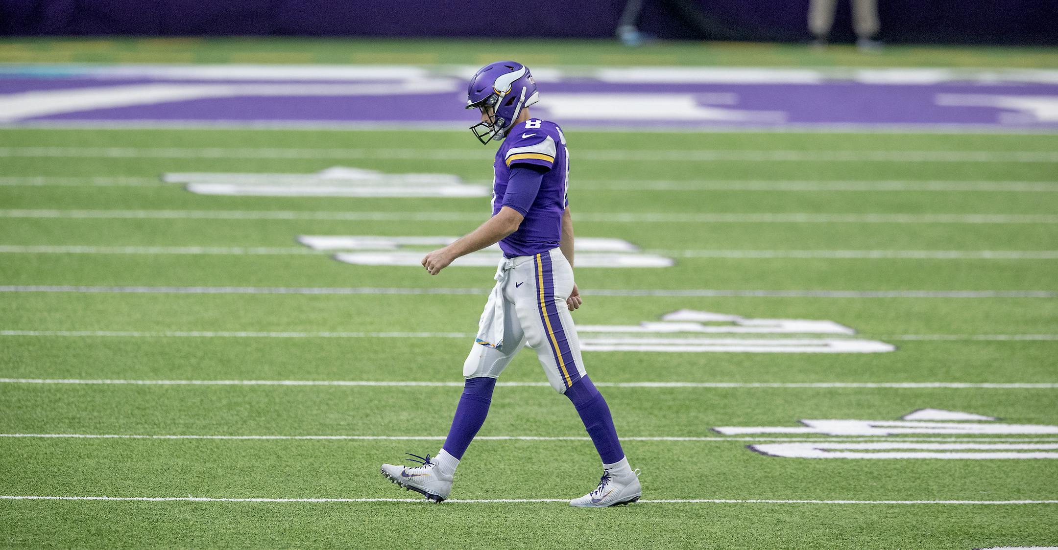 Vikings quarterback Kirk Cousins made his way off the U.S. Bank Stadium field after throwing an interception Oct. 18 vs. Atlanta.