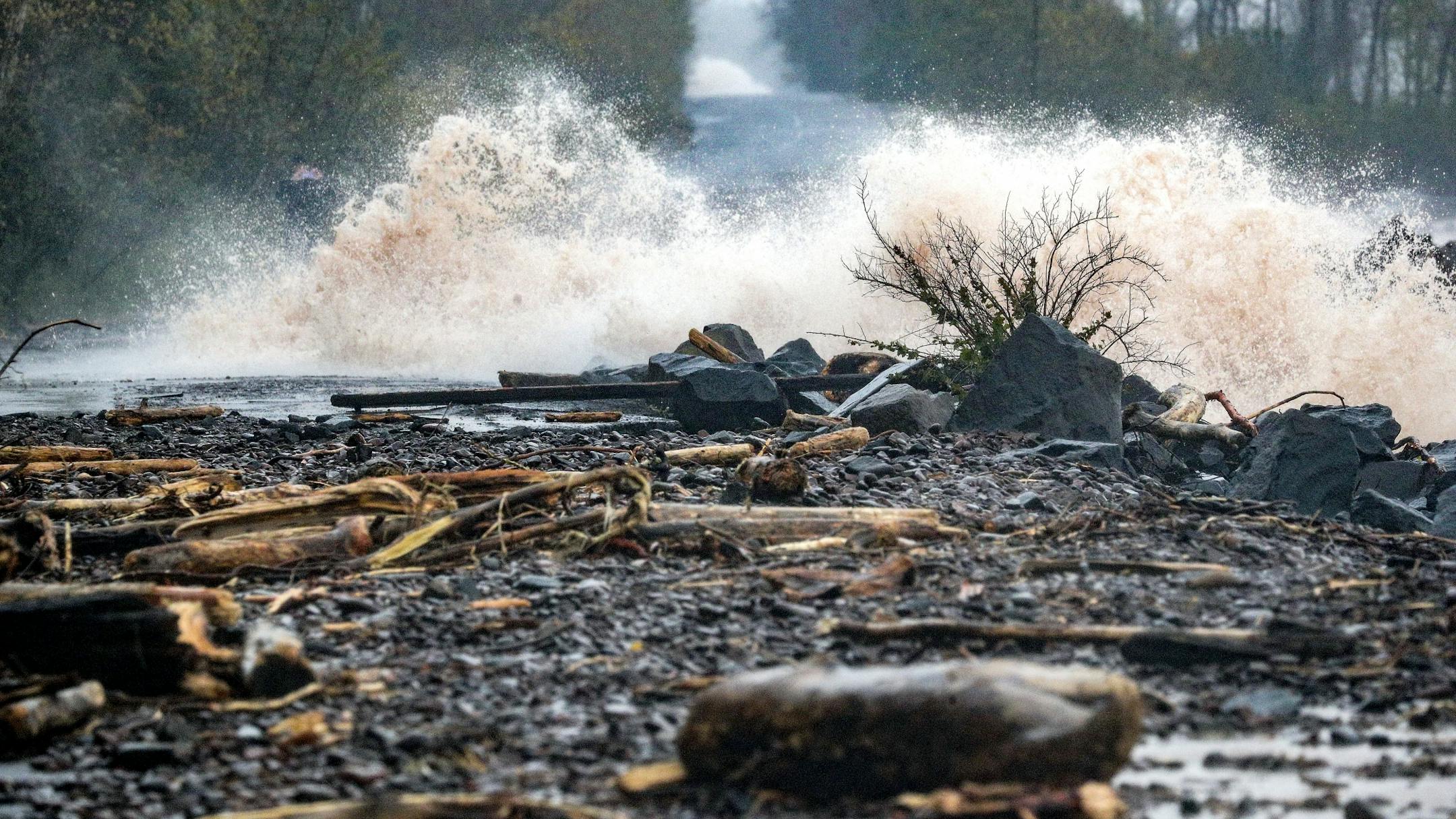 Waves on Lake Superior at Brighton Beach crash over the road during Wednesday's storm in Duluth. --- Clint Austin / caustin@duluthnews.com