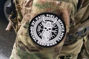 A patch depicting a Viking skull was worn by an Immigration and Customs Enforcement agent Tuesday in Minneapolis.