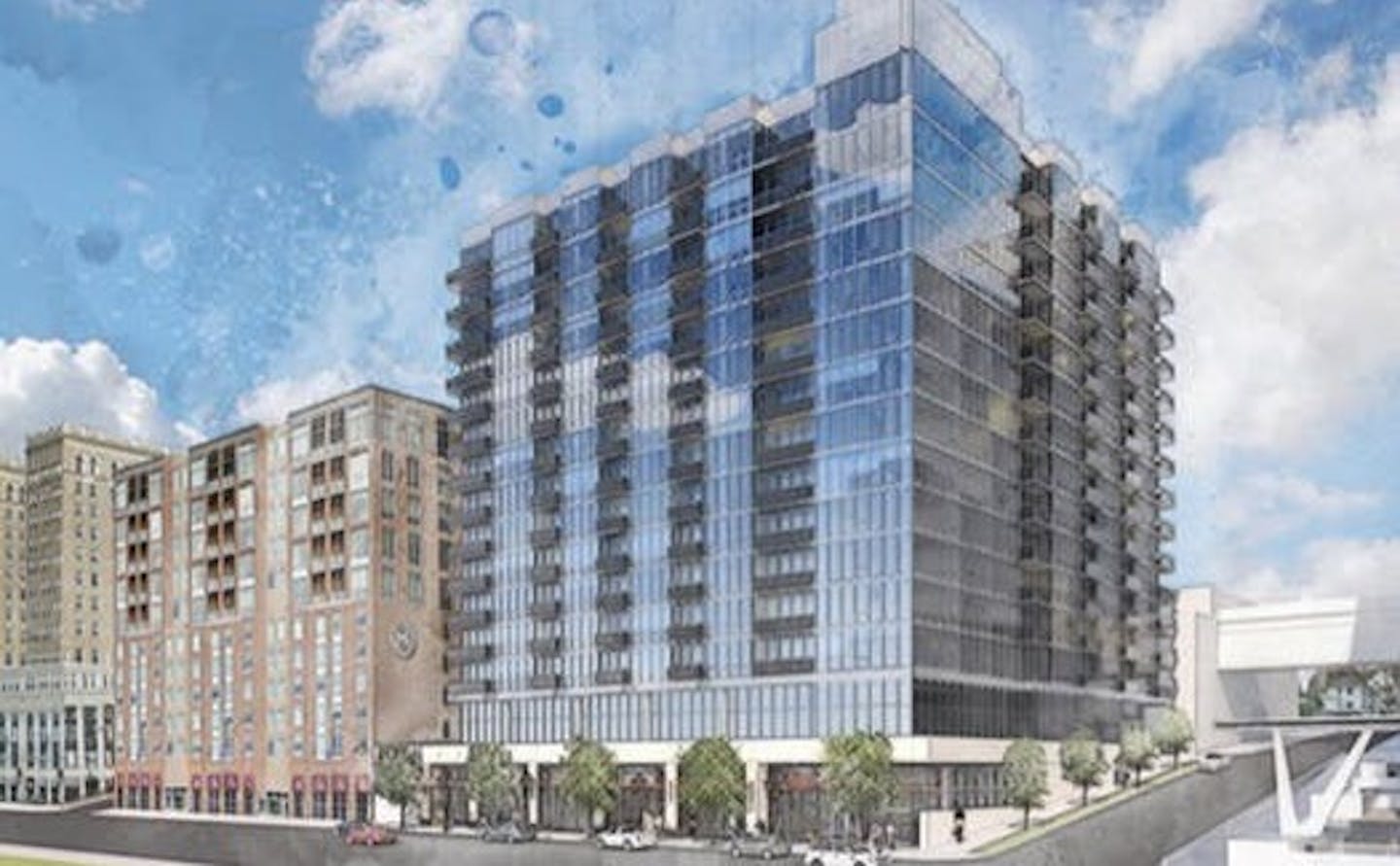 An artist&#x2019;s rendering shows a planned 15-story apartment building along East Supeior Street in downtown Duluth.