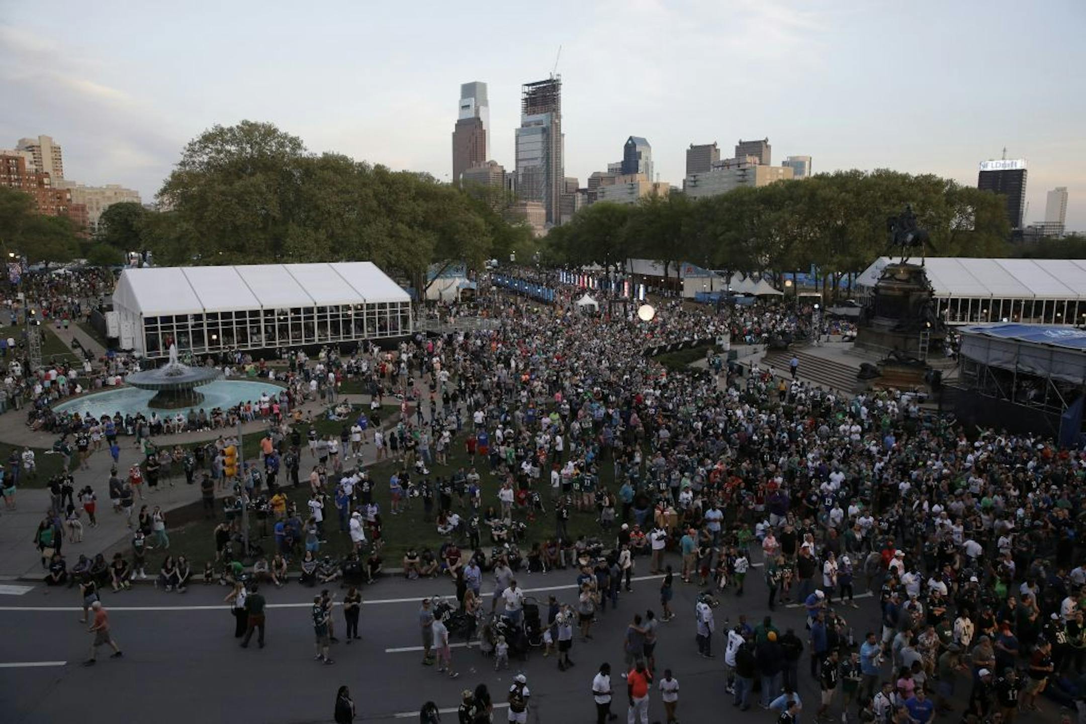 Fans gather during the second round of the 2017 NFL football draft, Friday, April 28, 2017, in Philadelphia.