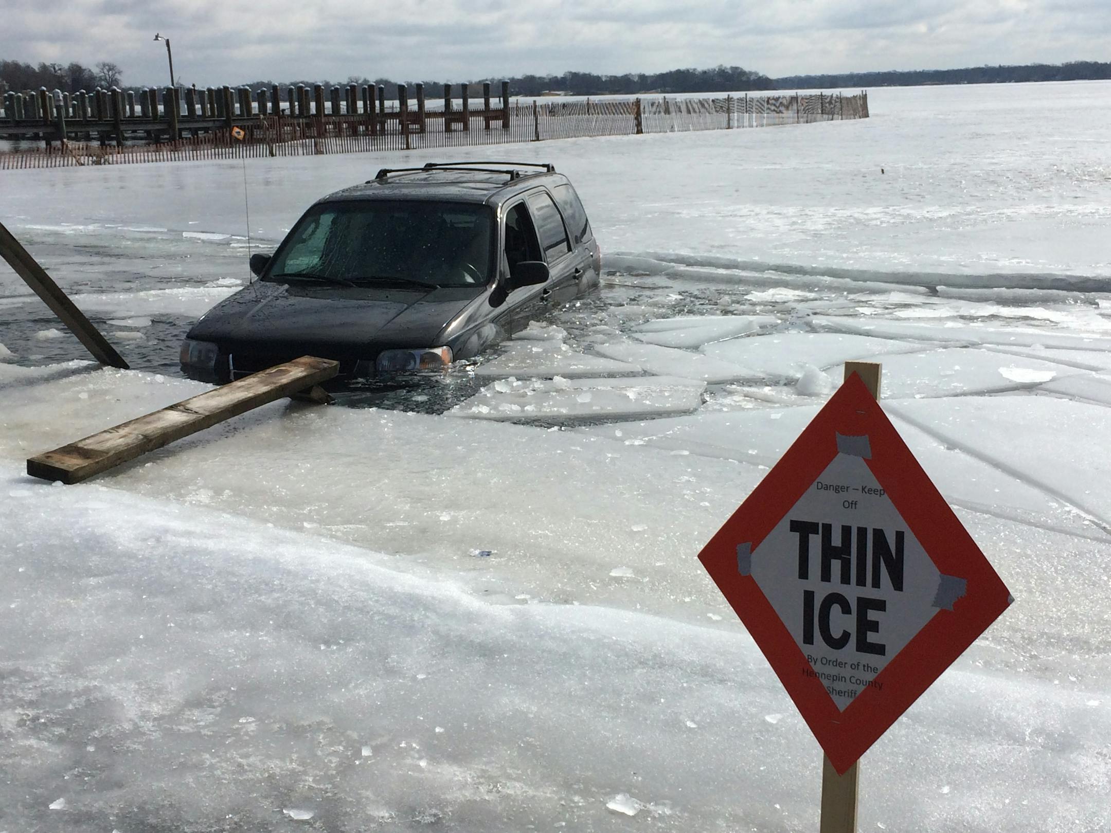 This SUV went into the ice on Lake Minnetonka's Wayzata Bay about 11 a.m. Wednesday. It was the first vehicle to go through ice in Hennepin County this winter, authorities said.