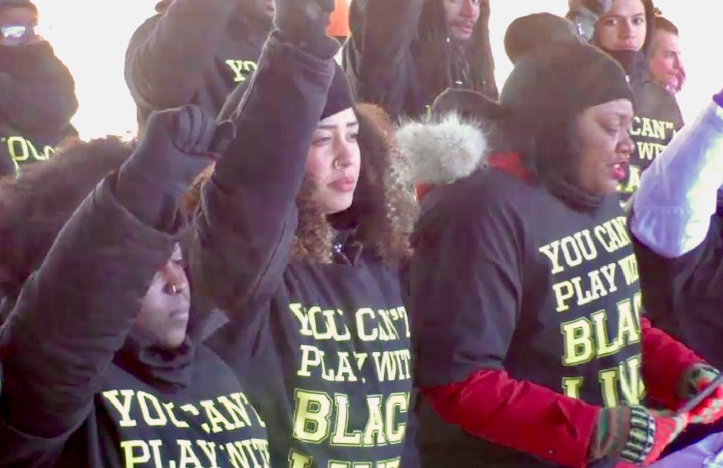 Activist groups protest against police brutality, corporate greed and racism to downtown Minneapolis before kickoff of the Super Bowl.