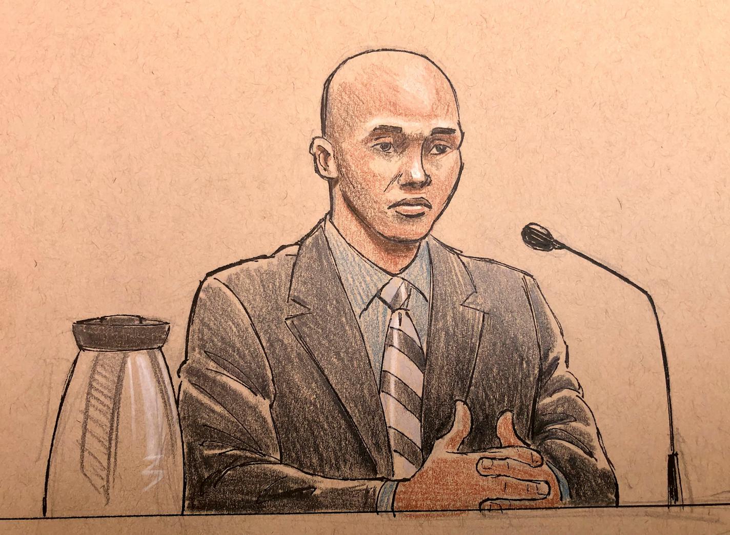 A courtroom sketch depicts former Minneapolis police officer Mohamed Noor on the witness stand Thursday.