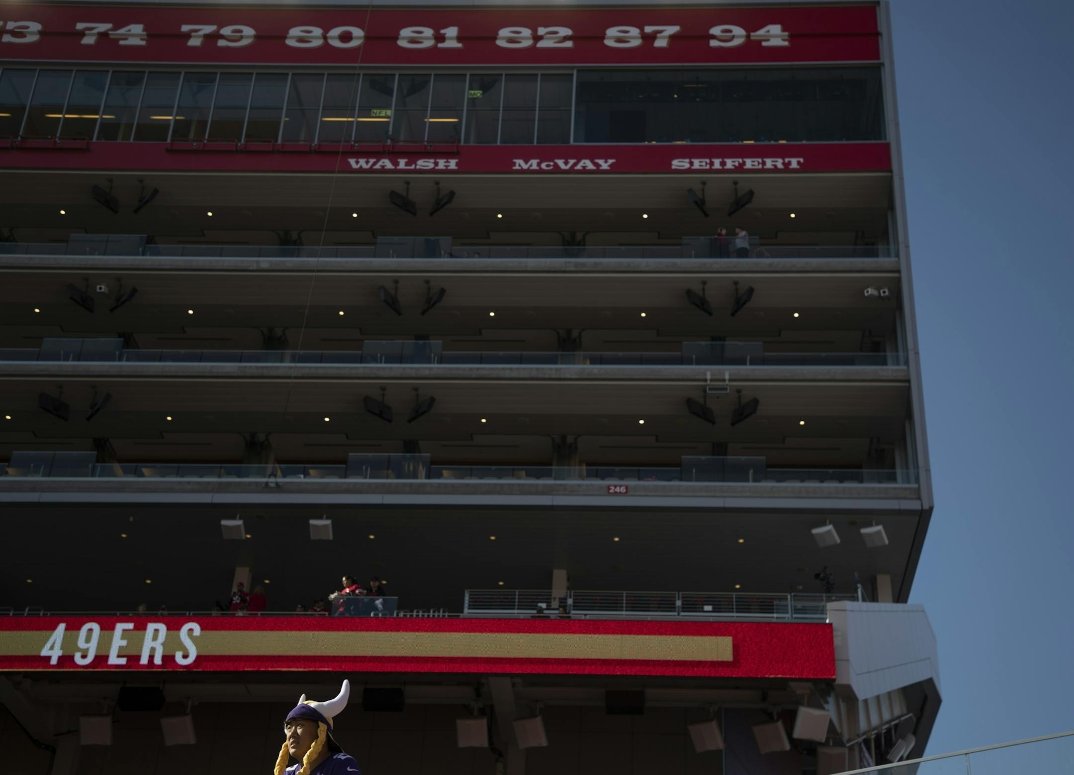 Minnesota Vikings fan Denis Luebke watched the Vikings warmup .