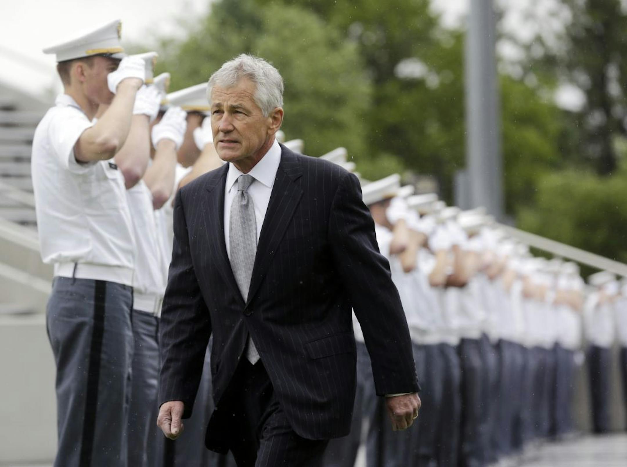 Defense Secretary Chuck Hagel arrives for a graduation and commissioning ceremony at the U.S. Military Academy on Saturday, May 25, 2013, in West Point, N.Y.