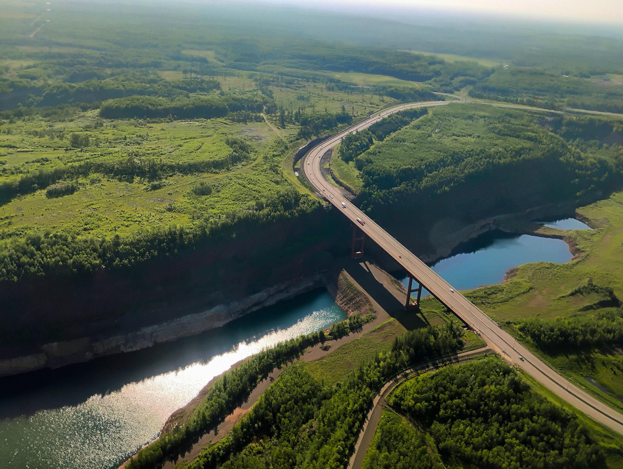 An aerial view of the Highway 53 Rukavina Bridge between Eveleth and Virginia, Minnesota.