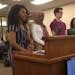 Students Naomi Gedey, Hafsa Ahmad, Emiliano Granados and teacher Jessica Davis spoke before the school board in April, seeking to wear sashes at gradu