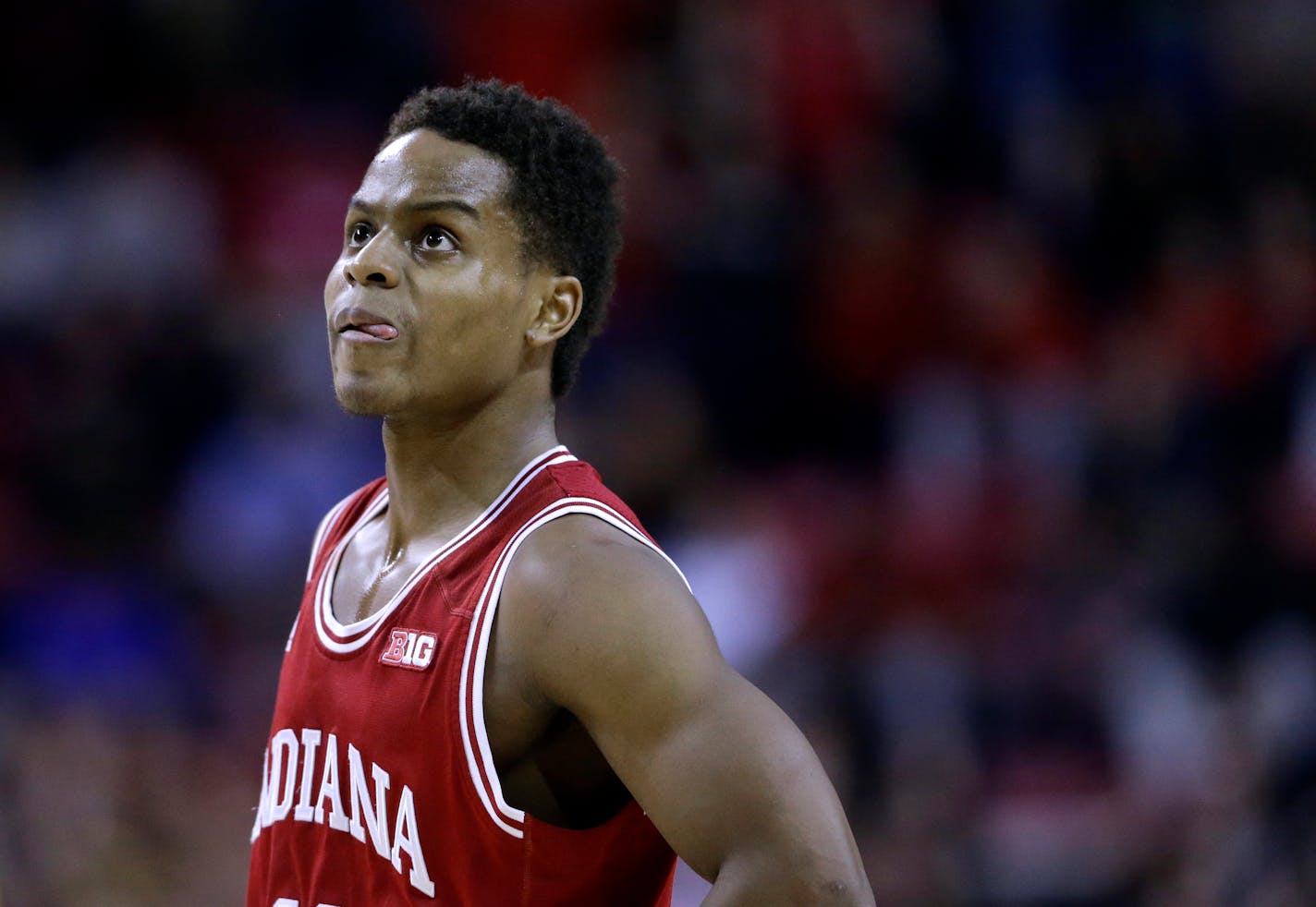 Indiana guard Yogi Ferrell stands on the court in the second half of an NCAA college basketball game against Maryland, Wednesday, Feb. 11, 2015, in College Park, Md. (AP Photo/Patrick Semansky)