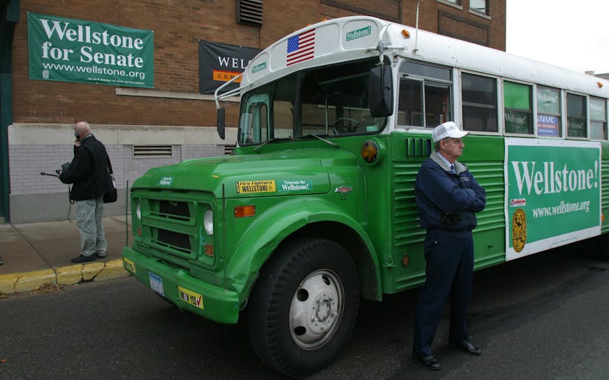 The famous Wellstone green campaign bus parked in front of the St. Paul Wellstone campaign headquarters on University Avenue in 2002.