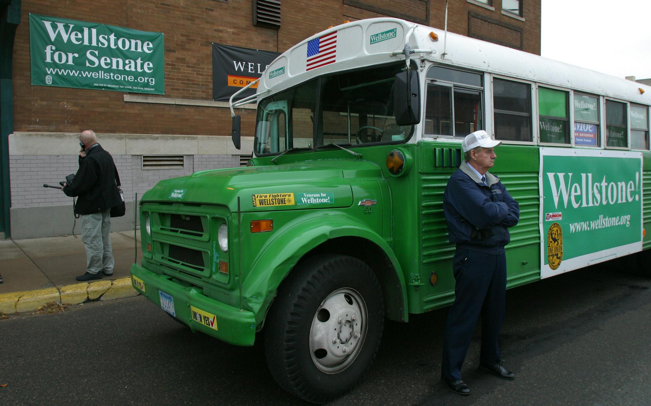 The famous Wellstone green campaign bus parked in front of the St. Paul Wellstone campaign headquarters on University Avenue in 2002.