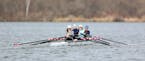 left to right Emily Stinebaugh, Sam Fischer, Ellie Burton, and Halcyon Brown with members of the Long Lake high school rowing team practiced Tuesday A