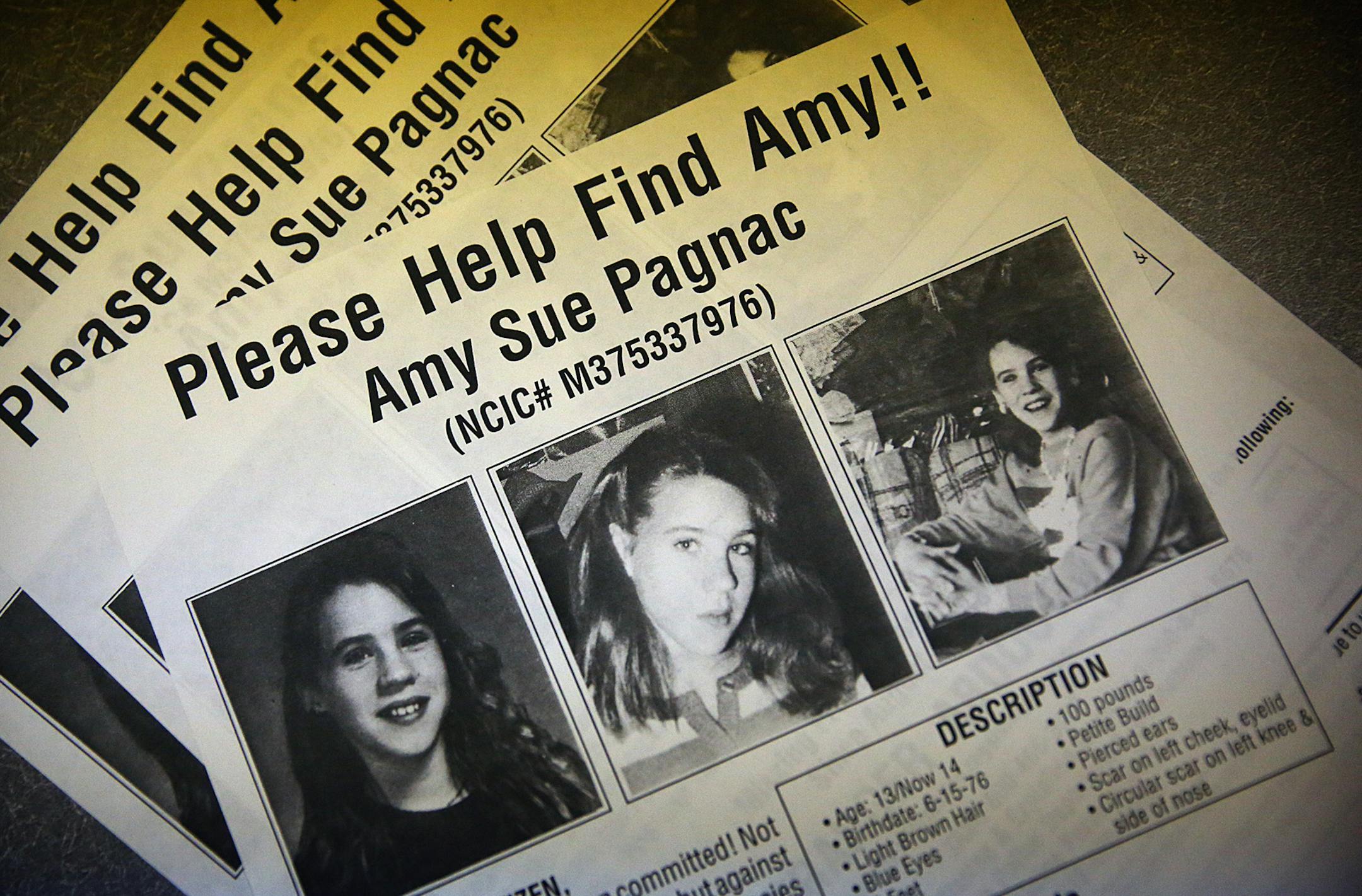 Materials displayed by Susan Pagnac last year associated with her daughter, Amy Sue, who disappeared in 1989.