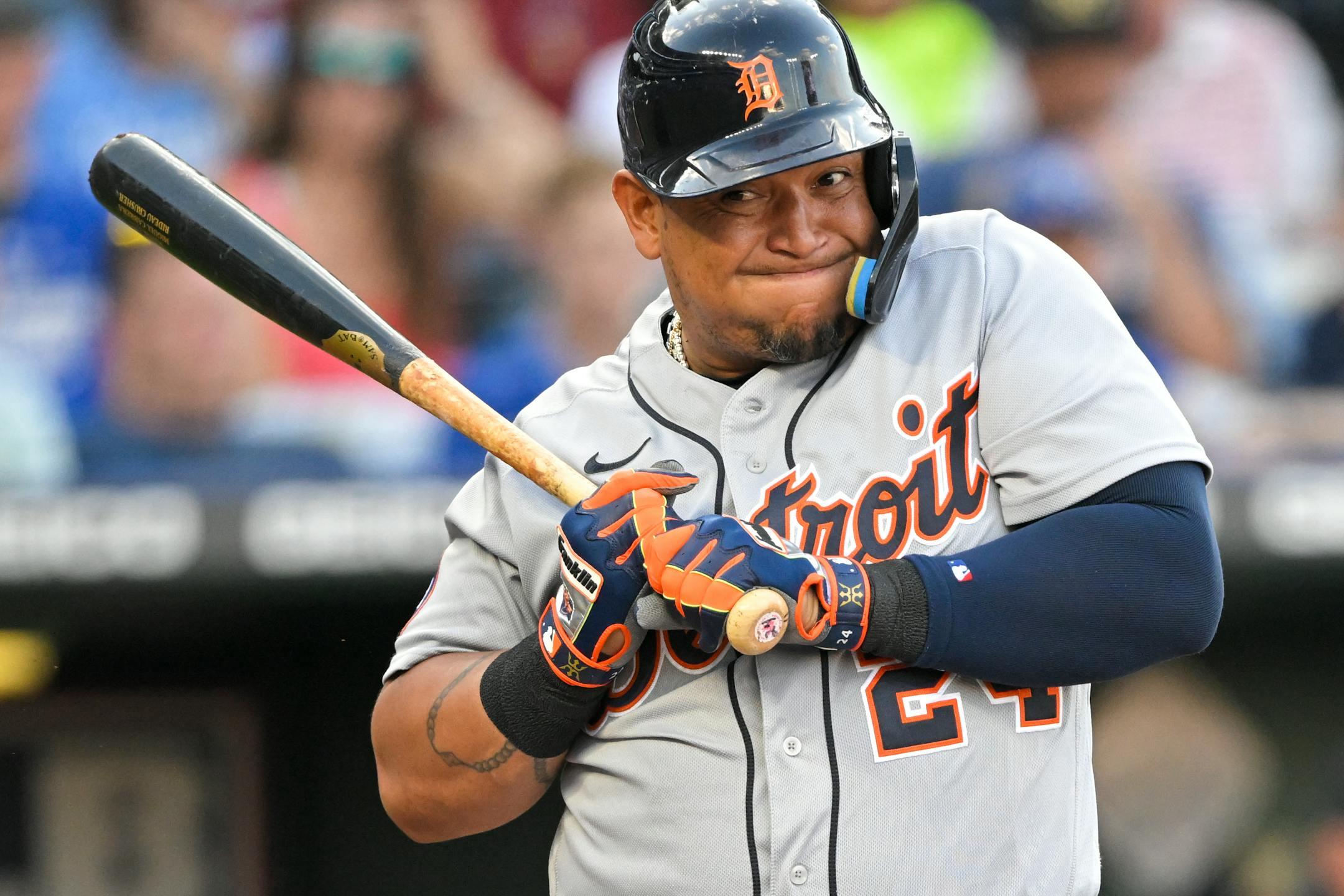 Detroit Tigers' Miguel Cabrera leans back from a ball four for a walk during the first inning of a baseball game against the Kansas City Royals, Tuesday, July 12, 2022, in Kansas City, Mo. (AP Photo/Reed Hoffmann)