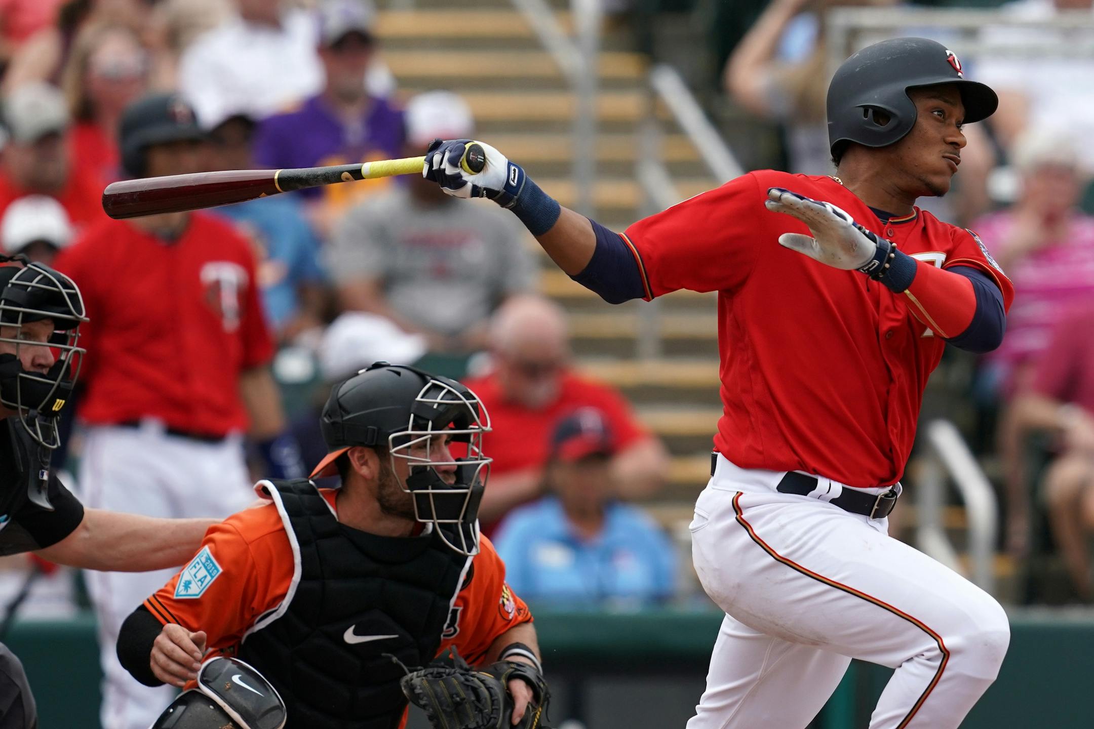 Minnesota Twins shortstop Jorge Polanco (11) watched as he hit the ball deep during Monday's game against the Baltimore Orioles.