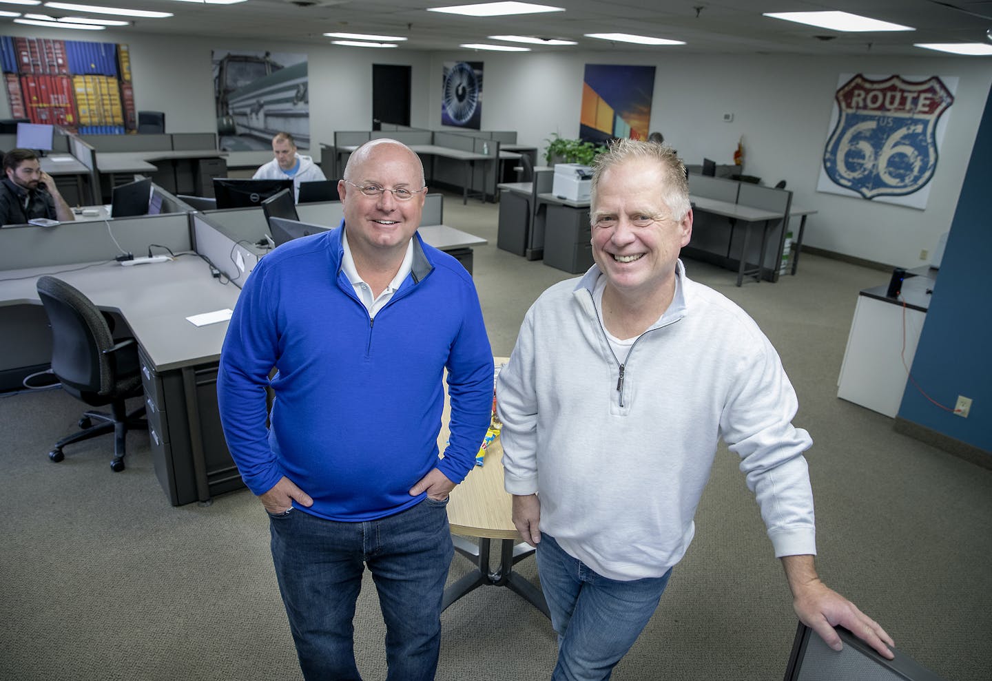 Brian Johnson, left, and Dave Buhl are mid-career entrepreneurs who co-founded, Proserv Logistics, a logistics startup. Their offices occupy modest space in front of an Eden Prairie warehouse, they spent about $2000 on painting and decorating but it fits their startup ethic. ] ELIZABETH FLORES &#x2022; liz.flores@startribune.com