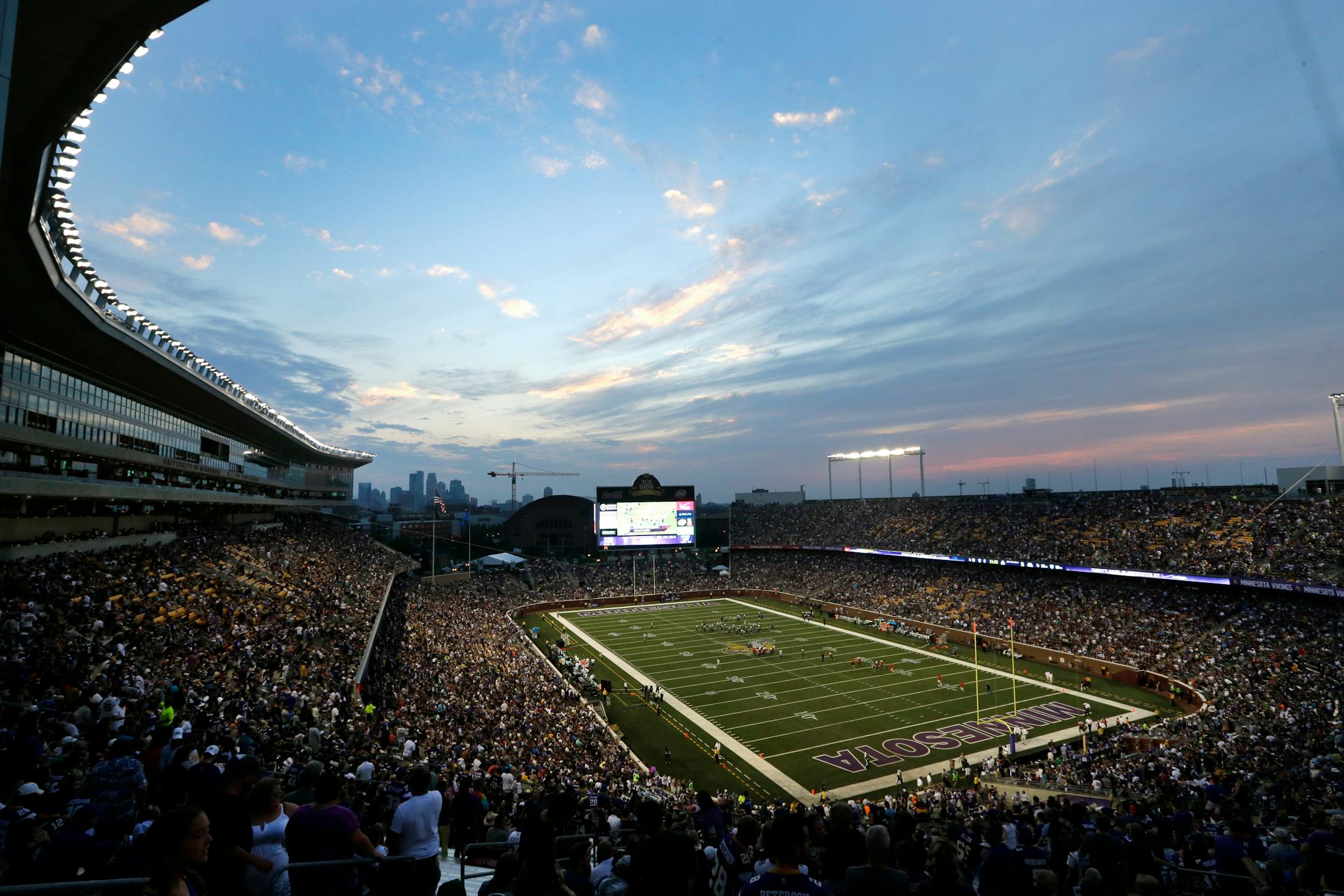The Minnesota Vikings played the Oakland Raiders during a preseason NFL football game at TCF Bank Stadium in Minneapolis, Friday, Aug. 8, 2014.