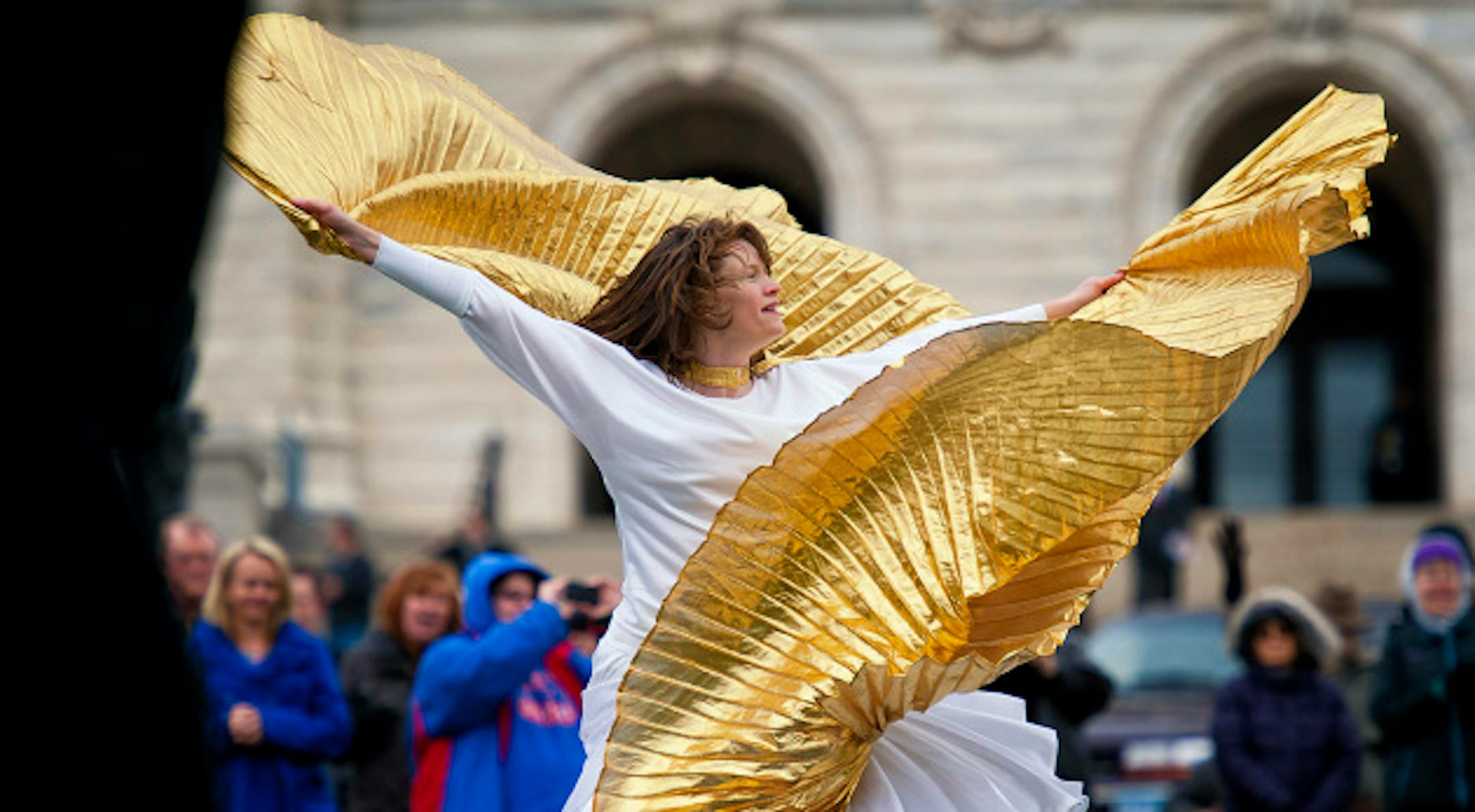 Karin Miller with the group Freedom to Dance, danced to the Resurrection Chant  in front of the Capitol, a dance celebrating the resurrection of Jesus.  At the same time Minnesota Atheists held their Day of Reason inside the Capitol Rotunda, the National Day of Prayer was being celebrated outside the Capitol.  Thursday, May 2, 2013     ]   GLEN STUBBE * gstubbe@startribune.com
