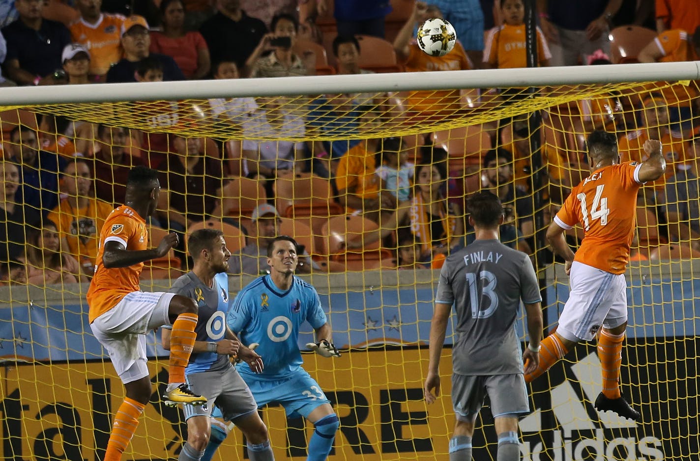 Houston Dynamo midfielder Alex (14) went for a header but was too high during the first half of a Major League Soccer game at BBVA Compass Stadium