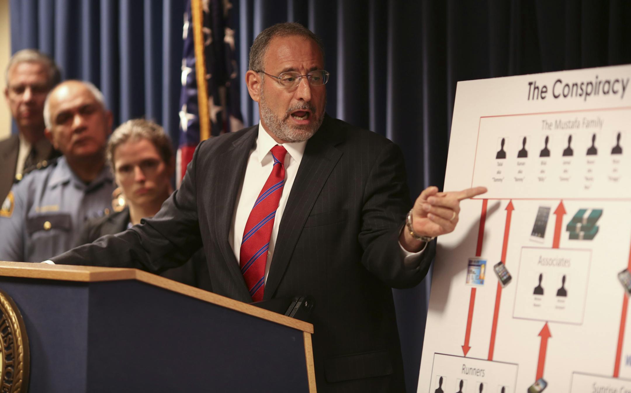 U.S. Attorney Andrew Luger at the news conference at his office in Minneapolis where he announced the breakup of a mobile device theft ring based in the Twin Cities. ] JEFF WHEELER ‚Ä¢ jeff.wheeler@startribune.com U.S. Attorney Andrew Luger announced that a major criminal operation that trafficked in stolen mobile devices was brought down Tuesday, August 12, 2014 with the indictment of 20 members of the Twin Cities-based Mustafa Family. The announcement was made at a news confer