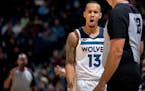 Shabazz Napier (13) of the Minnesota Timberwolves reacted after being called for traveling in the third quarter. ] CARLOS GONZALEZ • cgonzalez@start