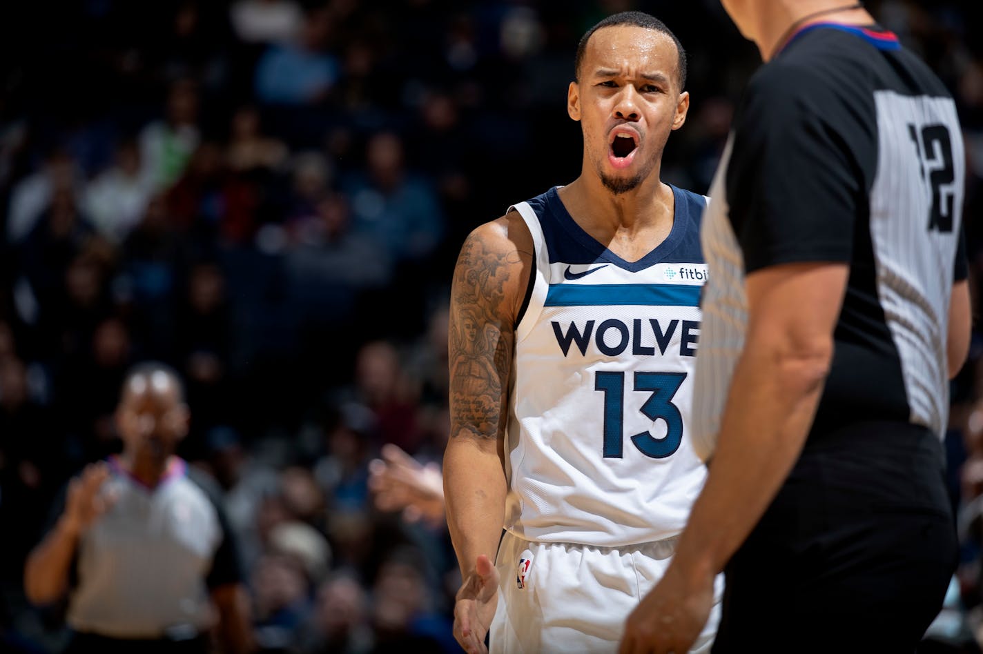 Shabazz Napier (13) of the Minnesota Timberwolves reacted after being called for traveling in the third quarter. ] CARLOS GONZALEZ • cgonzalez@startribune.com – Minneapolis, MN – October 27, 2019, Target Center, NBA, Basketball, Minnesota Timberwolves vs. Miami Heat