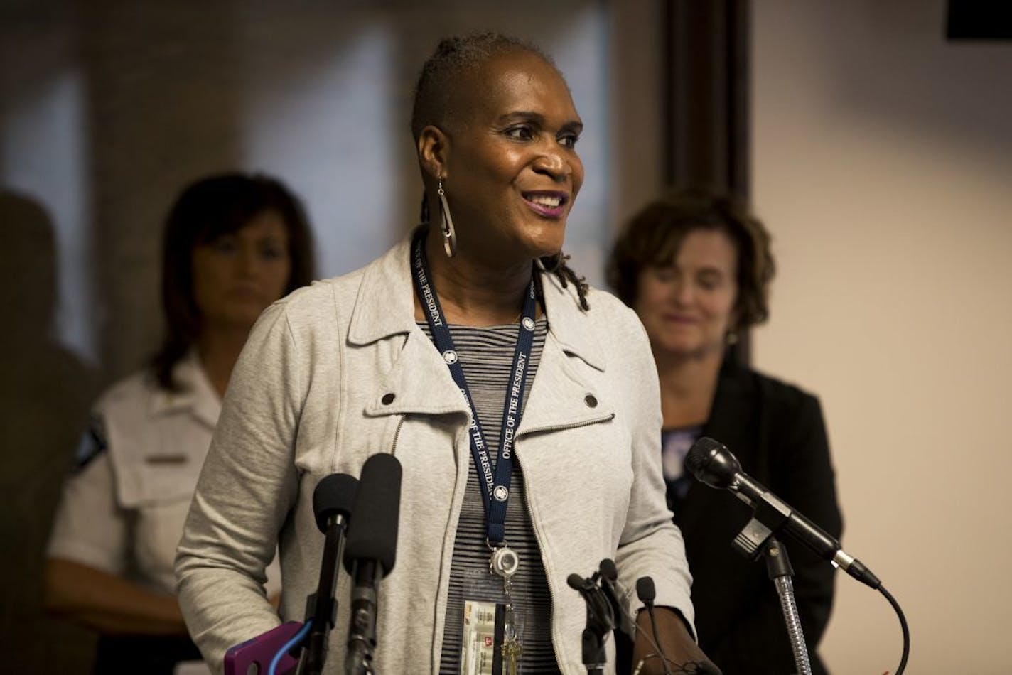 Transgender activist and longtime city policy aide Andrea Jenkins announced that she is running for a Ward 8 seat on the council. She is seen at a Sept. 21 press conference discussing the Minneapolis Police Department's policy on transgender and gender nonconforming people.