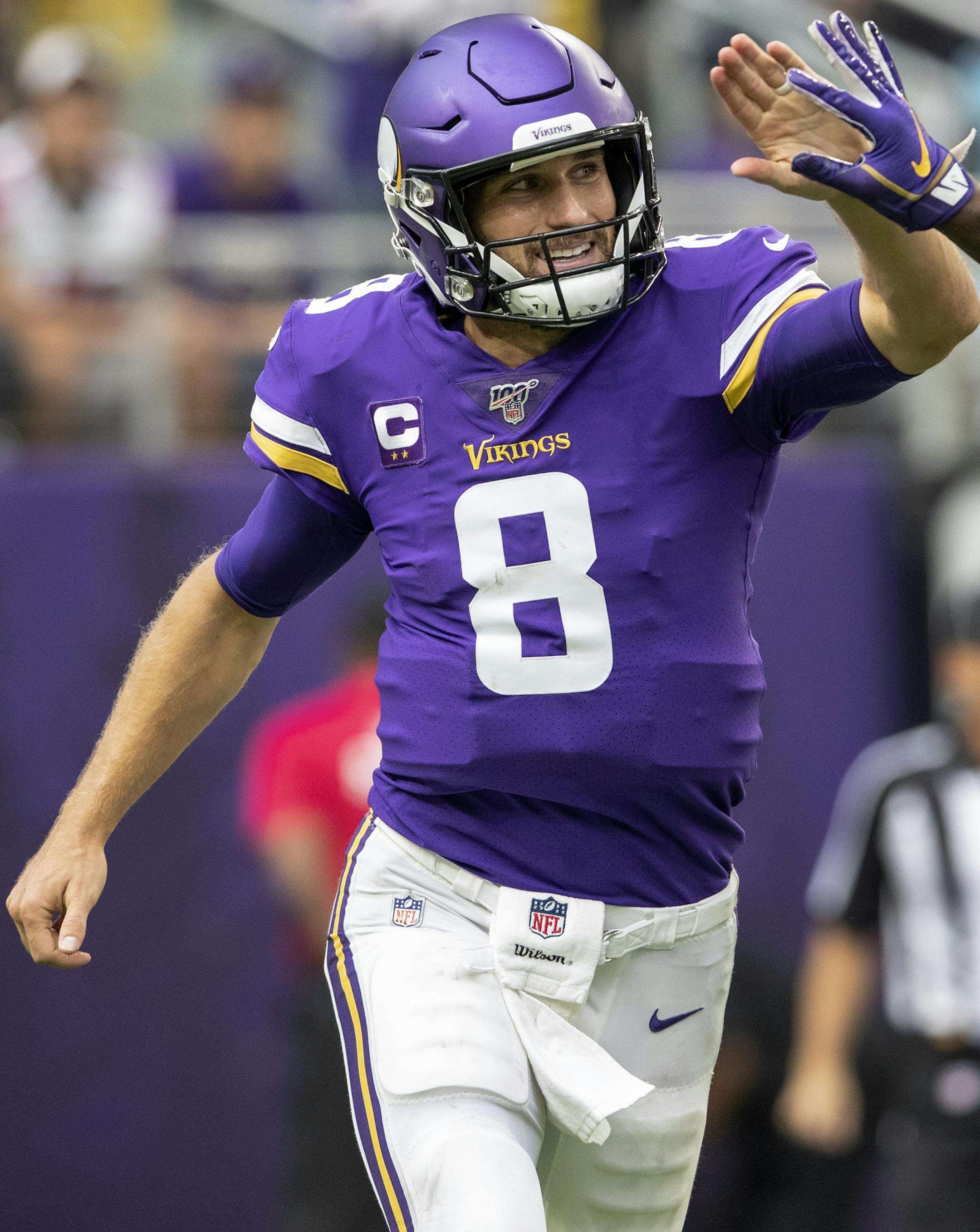 Minnesota Vikings quarterback Kirk Cousins (8) celebrated with Dalvin Cook (33) after scoring on a quarterback sneak in the second quarter. ] CARLOS GONZALEZ • cgonzalez@startribune.com – Minneapolis, MN – September 8, 2019, US Bank Stadium, NFL, Minnesota Vikings vs. Atlanta Falcons