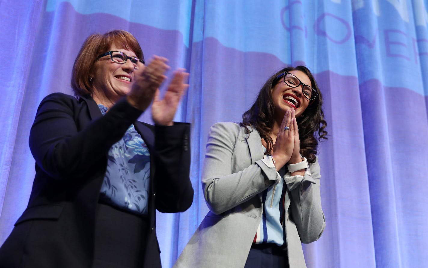 Gubernatorial candidate Erin Murphy stood along with her newly announced running mate State Representative Erin Maye Quade during the DFL State Convention Sunday.] ANTHONY SOUFFLE &#xef; anthony.souffle@startribune.com Democrats from around the state gathered for the third day of the DFL State Convention to choose their party's nominees Sunday, June 3, 2018 at the Mayo Civic Center in Rochester, Minn.