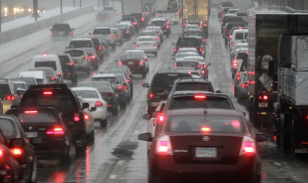 The winter storm created problems on Twin City freeways. Here traffic was at a crawl on I-35-W north at Diamond Lake Blvd in Minneapolis.