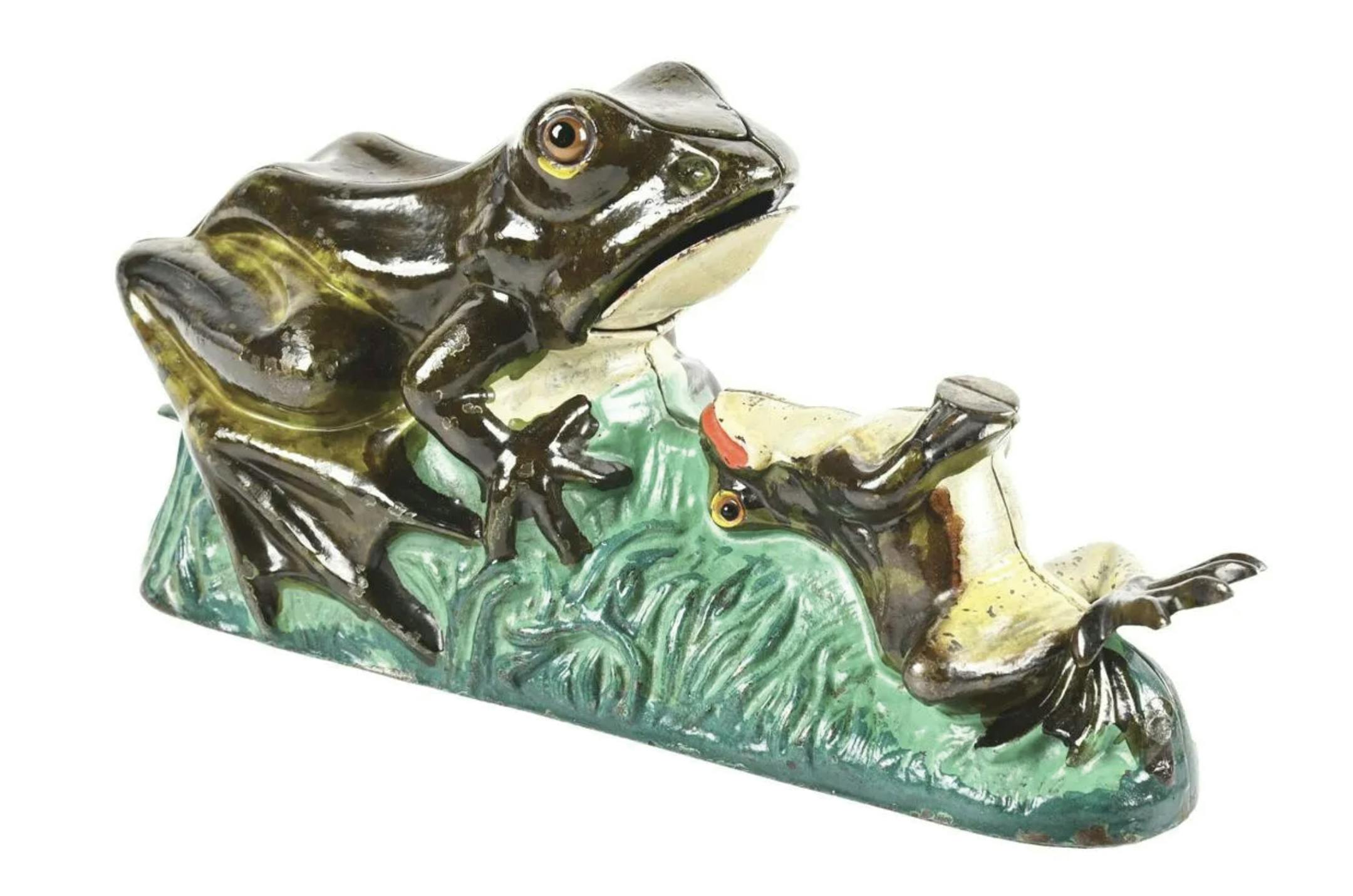 Antique mechanical banks have gone from storing pennies to selling for thousands of dollars. This frog bank is well known and highly prized, selling recently for $12,800 at auction.