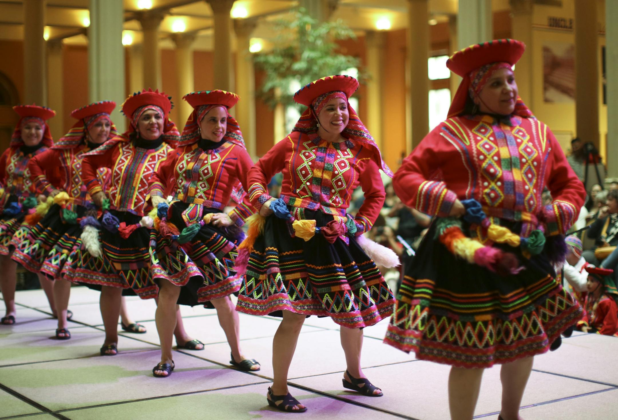 Women from the folkloric dance group Asi Es Mi Meru (roughly This is Like Peru) performed the dance Valicha, which tells the story of Valentine, very beautiful, graceful, and joyful girl born and raised in Cuzco. They performed on the stage in the Landmark Center atrium Sunday afternoon. ] JEFF WHEELER • jeff.wheeler@startribune.com Sundays at Landmark presented their final Urban Expedition of the year with an exploration of all things Peruvian Sunday afternoon, April 19, 2015. Food, musi