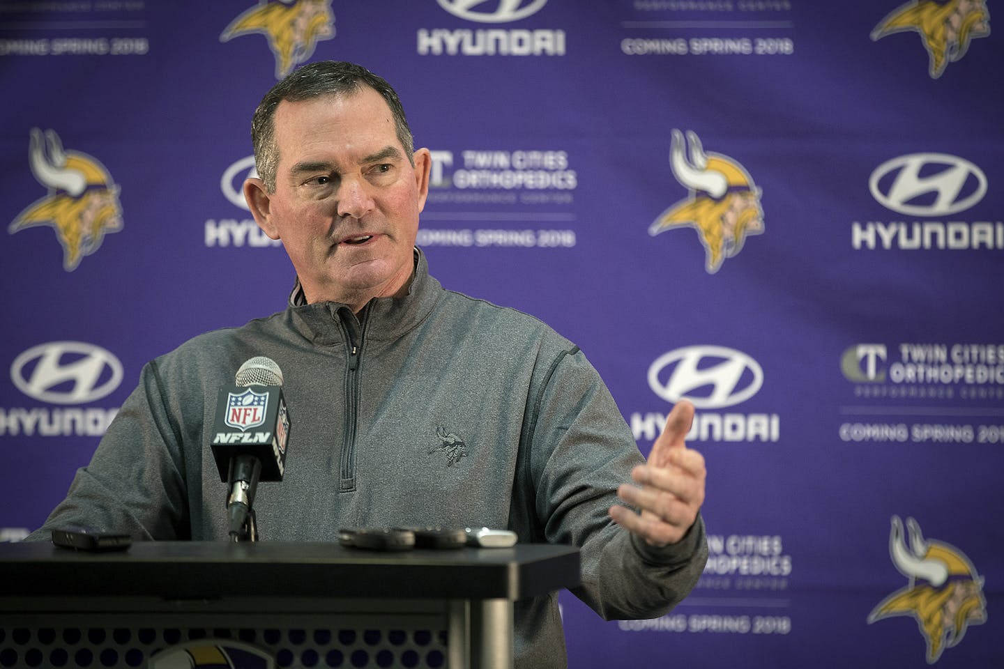 Minnesota Vikings Head Coach Mike Zimmer addressed the media during a season-ending press conference at Winter Park, Tuesday, January 23, 2018 in Eden Prairie, MN. ] ELIZABETH FLORES &#xef; liz.flores@startribune.com