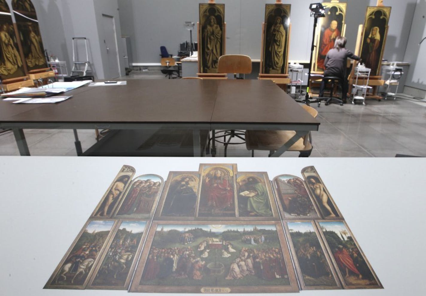 FILE - In this Oct. 11, 2012 file photo, a restorer inspects, also visible in the foreground, one of the 24 framed panels of the Altarpiece or Adoration of the Mystic Lamb, at the Fine Arts museum in Ghent, Belgium. If Rotterdam's stunning heist of Picasso, Monet and Matisse paintings last month focused attention on the murky world of art theft, Ghent's gothic Saint Bavo cathedral has been at the center of a crime that has bedeviled the art world for decades. The Just Judges panel of the Van Eyc