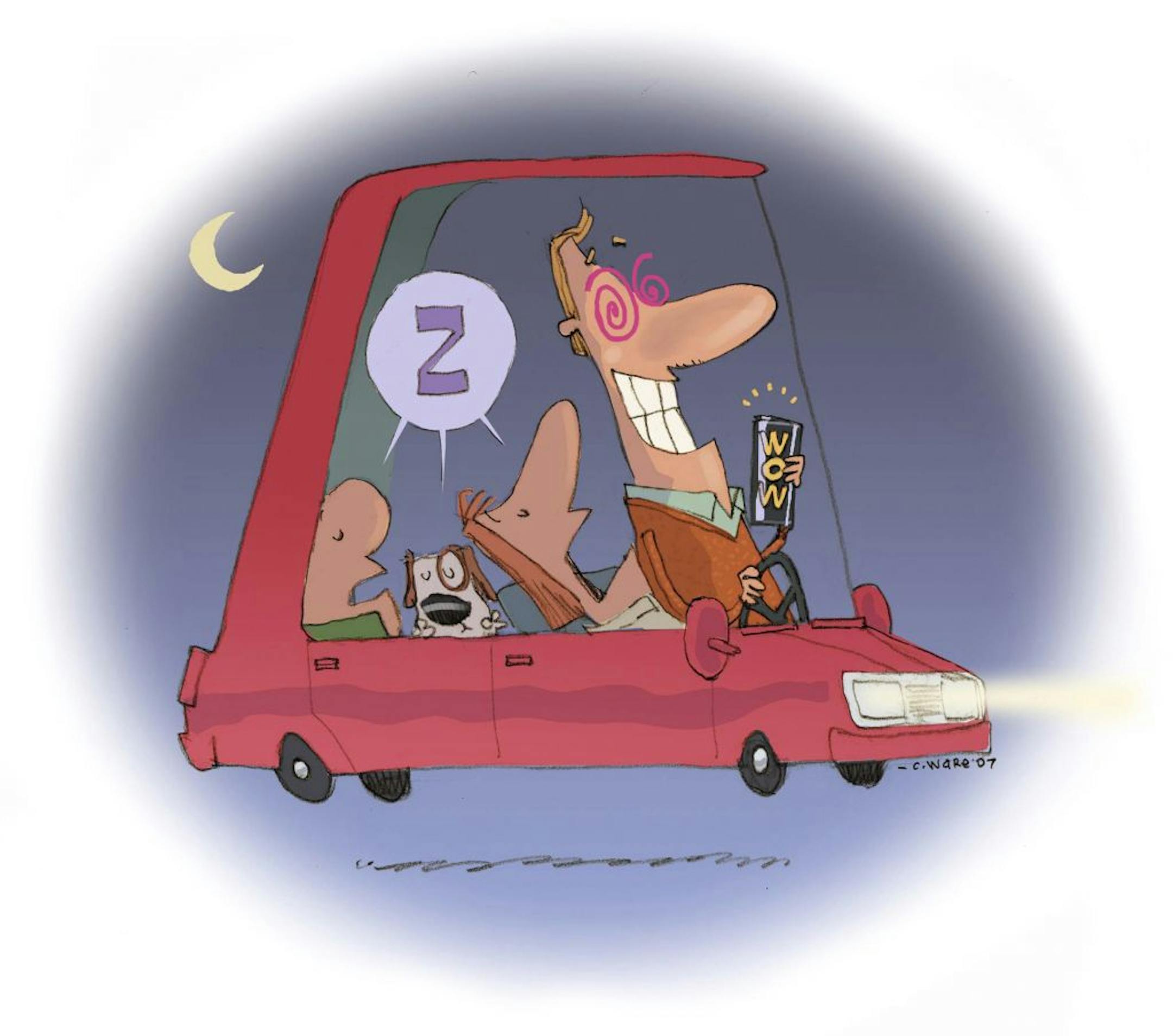 300 dpi Chris Ware color illustration of dad guzzling energy drink to stay awake for long, night drive while family snoozes. Lexington Herald-Leader 2007<p> energy drink illustration late night car drive driving caffeine red bull soda cola coffee awake asleep sleeping dog pet, 10000000, krtfeatures features, krtlifestyle lifestyle, krtnational national, krtworld world, leisure, LIF, krt, mctillustration, 04007003, 10007000, FEA, FIN, krtbusiness business, krtconsumergoods consumer goods, krtfood