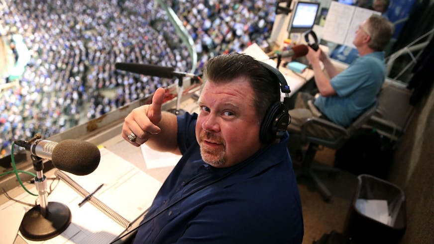 Cubs radio broadcaster Ron Coomer gives a "thumbs up" while working a game alongside Pat Hughes at Wrigley Field on Sept. 15, 2016. (Chris Sweda / Chicago Tribune)