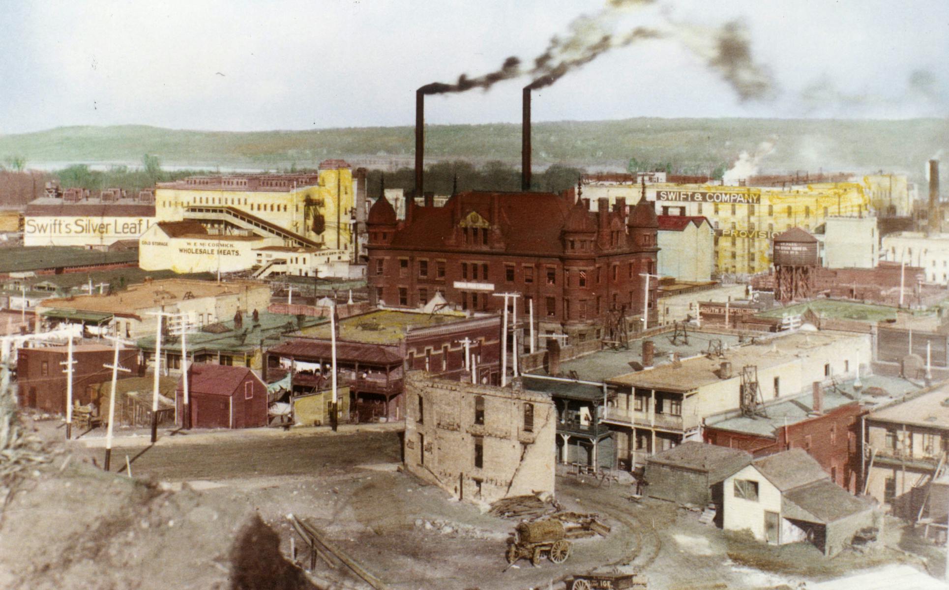 The Stockyards Exchange Building, circa 1912, in a hand-colored photograph. /// located in South St. Paul // photo is copy of 1912-1915 photo /// cred