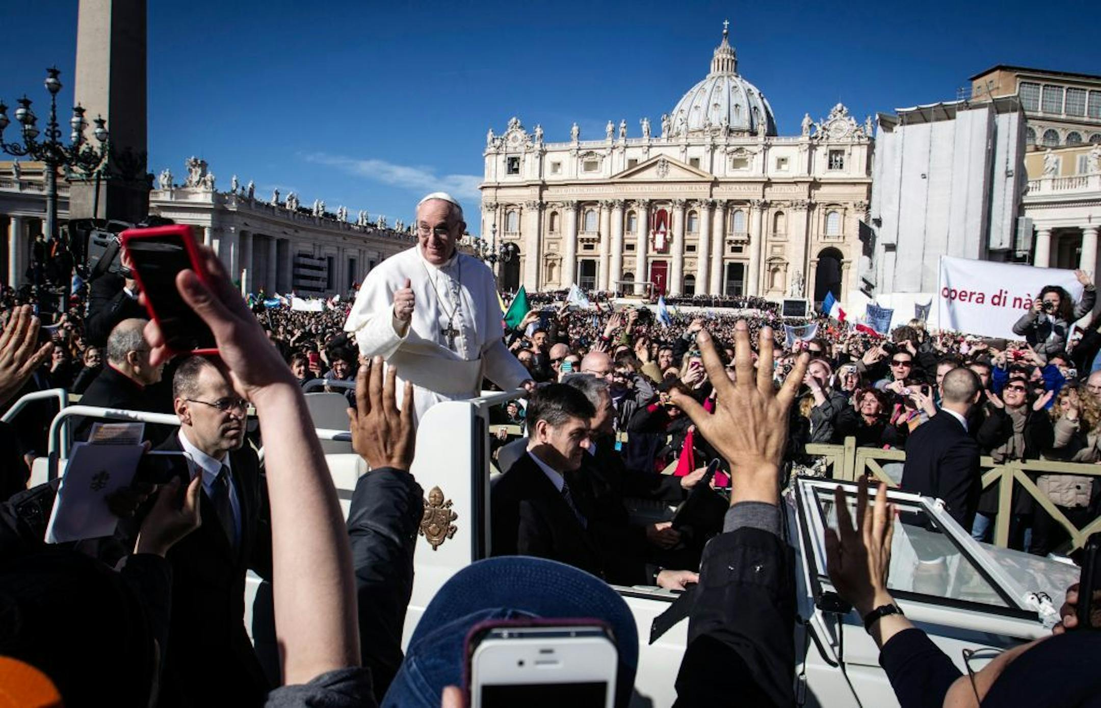 FILE - In this Tuesday, March 19, 2013 file photo, Pope Francis is driven through the crowd in his popemobile in St. Peter's Square for his inauguration Mass at the Vatican.
