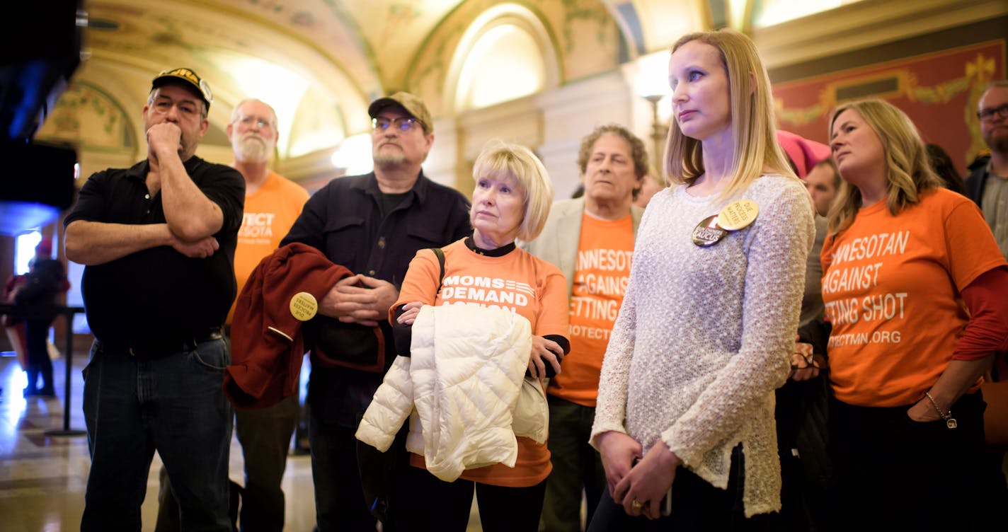 Advocates on both sides of the gun rights issue watched the debate on television screens in the hallway outside the hearing room. ] GLEN STUBBE &#xa5; glen.stubbe@startribune.com Thursday, March 1, 2018 A Minnesota House panel delayed decisions about two gun control measures on Thursday, despite recent national and local momentum around the issue. House Public Safety Committee holds hearing on two gun safety bills: one that would allow law enforcement or family members to petition courts to proh