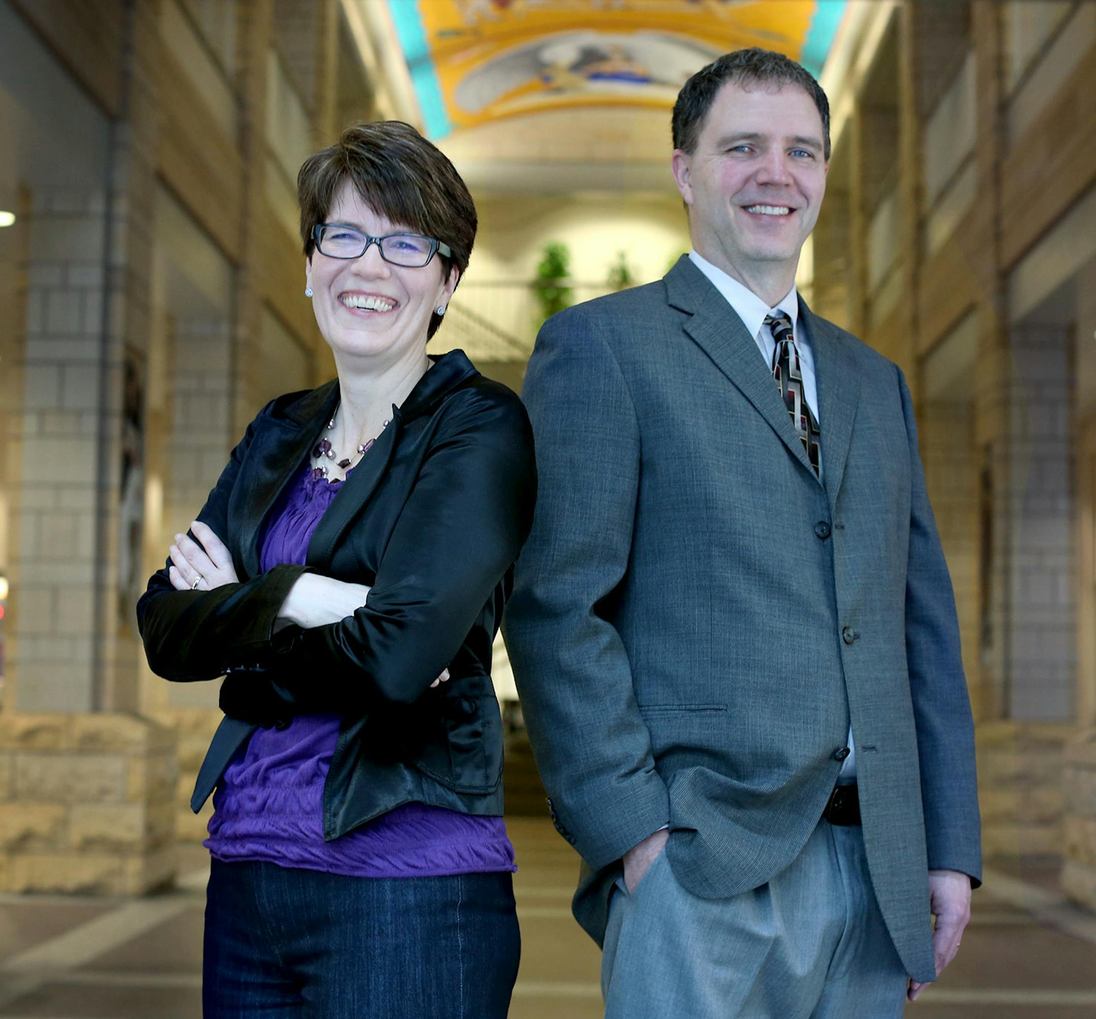 Carleen Kerttula, Director of Program Innovation, left, and John Olson, Professor and Faculty Director for the Business Analytics program, Thursday, March 17, 2016 at St. Thomas University in downtown Minneapolis, MN. As a response to changing business demands, the Opus College of Business at the University of St. Thomas has reconfigured its options for students offering specialized degrees in business analytics and health care communication as well as giving more access to additional classes to